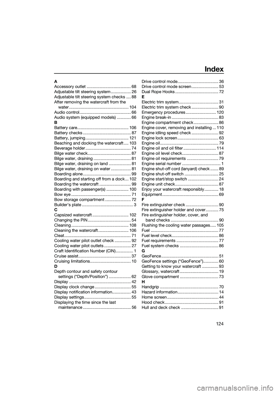 YAMAHA FX SVHO 2022 Owners Manual 124
Index
A
Accessory outlet ...................................... 68
Adjustable tilt steering system ................. 26
Adjustable tilt steering system checks .... 88
After removing the watercraft YAMAHA FX SVHO 2022 Owners Manual 124
Index
A
Accessory outlet ...................................... 68
Adjustable tilt steering system ................. 26
Adjustable tilt steering system checks .... 88
After removing the watercraft