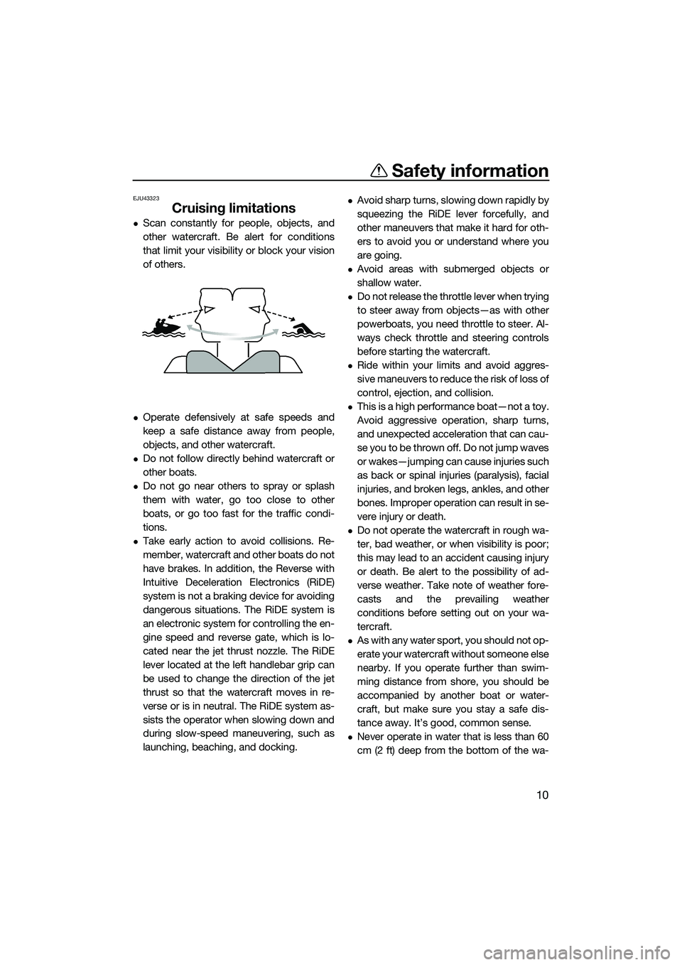 YAMAHA FX SVHO 2022 User Guide Safety information
10
EJU43323
Cruising limitations
Scan constantly for people, objects, and
other watercraft. Be alert for conditions
that limit your visibility or block your vision
of others.
YAMAHA FX SVHO 2022 User Guide Safety information
10
EJU43323
Cruising limitations
Scan constantly for people, objects, and
other watercraft. Be alert for conditions
that limit your visibility or block your vision
of others.
