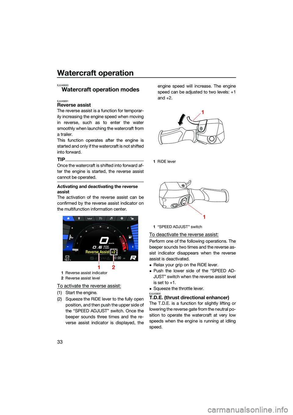 YAMAHA FX SVHO 2022 Service Manual Watercraft operation
33
EJU40003
Watercraft operation modes
EJU45891Reverse assist
The reverse assist is a function for temporar-
ily increasing the engine speed when moving
in reverse, such as to ent