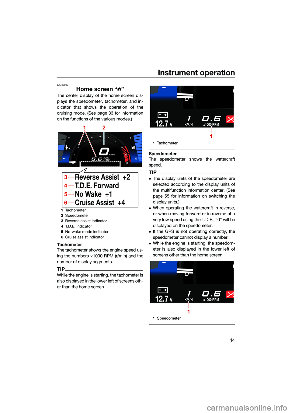 YAMAHA FX SVHO 2022 Workshop Manual Instrument operation
44
EJU46662
Home screen “ ”
The center display of the home screen dis-
plays the speedometer, tachometer, and in-
dicator that shows the operation of the
cruising mode. (See p YAMAHA FX SVHO 2022 Workshop Manual Instrument operation
44
EJU46662
Home screen “ ”
The center display of the home screen dis-
plays the speedometer, tachometer, and in-
dicator that shows the operation of the
cruising mode. (See p