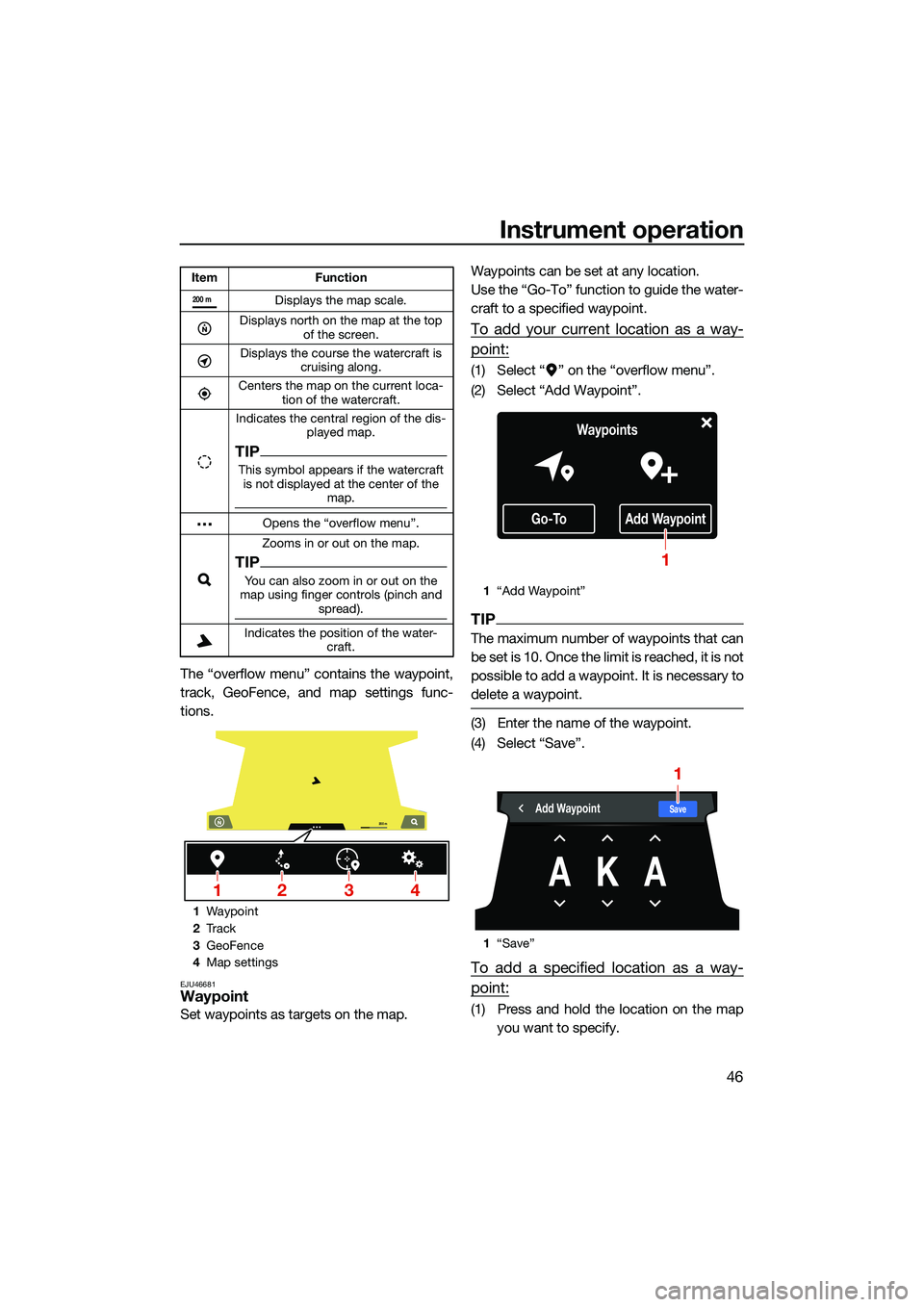 YAMAHA FX SVHO 2022 Workshop Manual Instrument operation
46
The “overflow menu” contains the waypoint,
track, GeoFence, and map settings func-
tions.
EJU46681Waypoint
Set waypoints as targets on the map.Waypoints can be set at any l YAMAHA FX SVHO 2022 Workshop Manual Instrument operation
46
The “overflow menu” contains the waypoint,
track, GeoFence, and map settings func-
tions.
EJU46681Waypoint
Set waypoints as targets on the map.Waypoints can be set at any l
