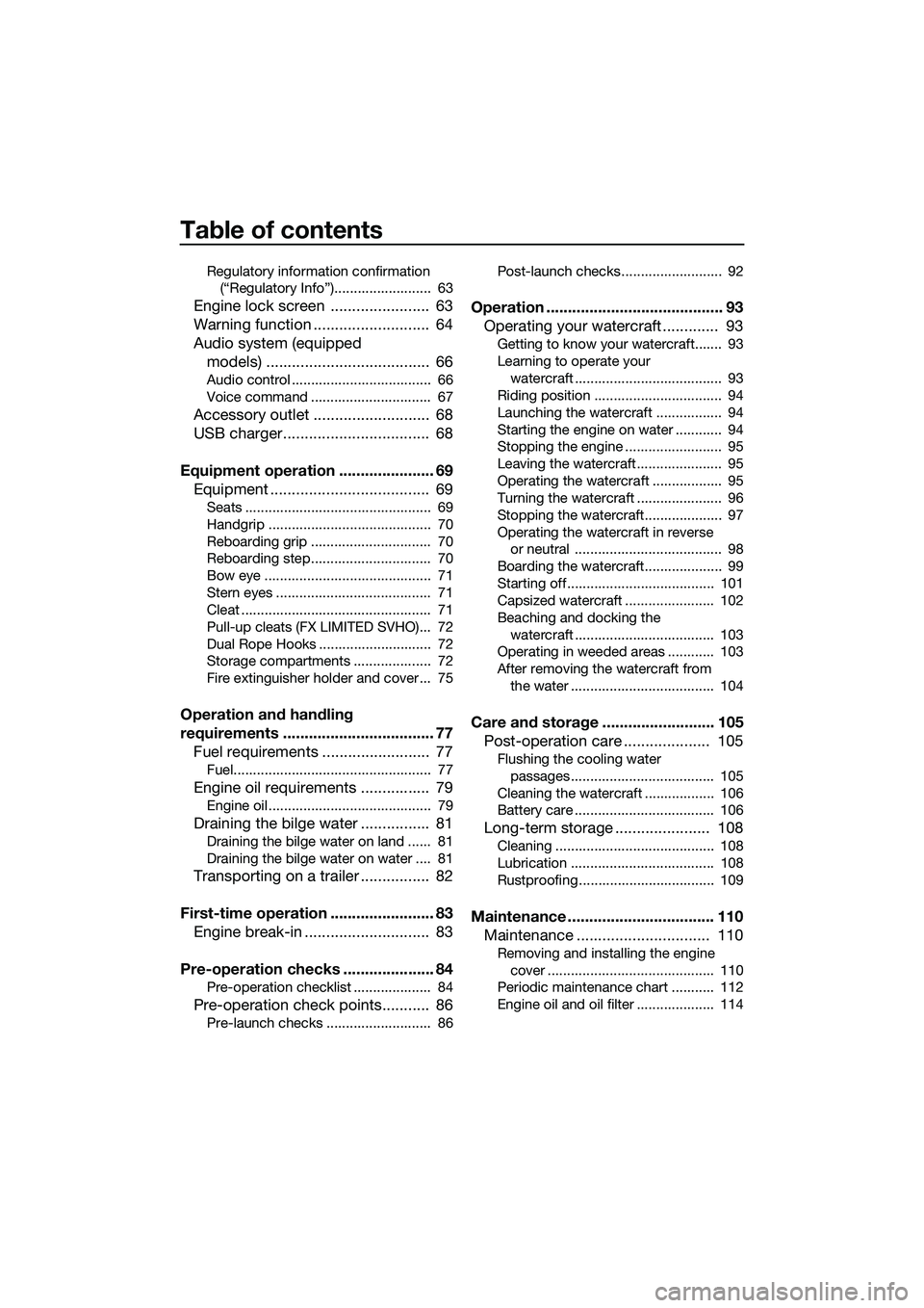 YAMAHA FX SVHO 2022  Owners Manual Table of contents
Regulatory information confirmation (“Regulatory Info”).........................  63
Engine lock screen .......................  63
Warning function ...........................  