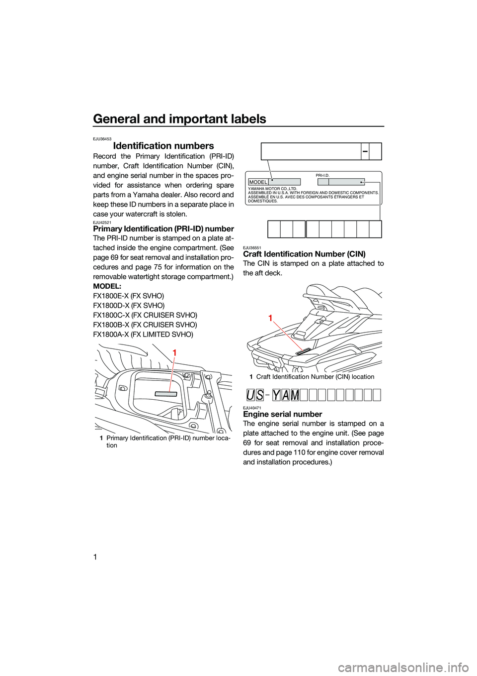 YAMAHA FX SVHO 2022 Owners Manual General and important labels
1
EJU36453
Identification numbers
Record the Primary Identification (PRI-ID)
number, Craft Identification Number (CIN),
and engine serial number in the spaces pro-
vided f YAMAHA FX SVHO 2022 Owners Manual General and important labels
1
EJU36453
Identification numbers
Record the Primary Identification (PRI-ID)
number, Craft Identification Number (CIN),
and engine serial number in the spaces pro-
vided f