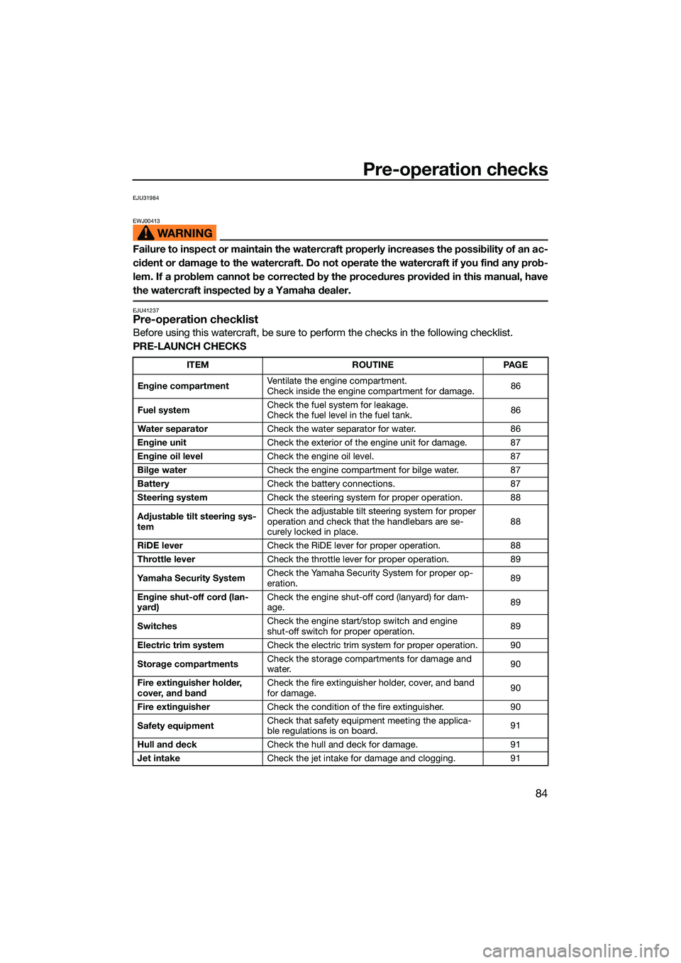 YAMAHA FX SVHO 2022 User Guide Pre-operation checks
84
EJU31984
EWJ00413
Failure to inspect or maintain the watercraft properly increases the possibility of an ac-
cident or damage to the watercraft. Do not operate the watercraft i YAMAHA FX SVHO 2022 User Guide Pre-operation checks
84
EJU31984
EWJ00413
Failure to inspect or maintain the watercraft properly increases the possibility of an ac-
cident or damage to the watercraft. Do not operate the watercraft i