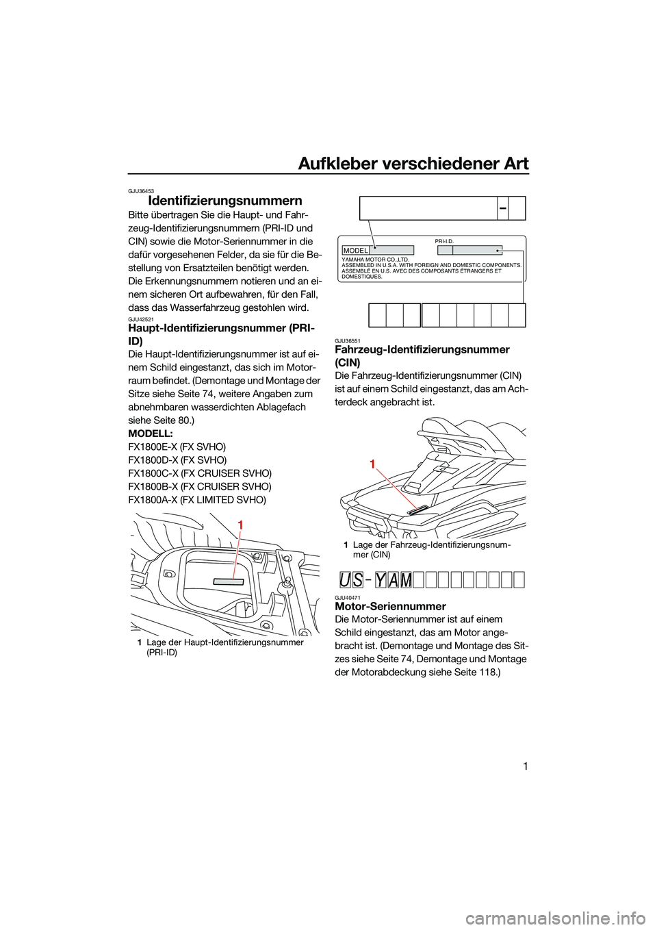 YAMAHA FX SVHO 2022  Betriebsanleitungen (in German) Aufkleber verschiedener Art
1
GJU36453
Identifizierungsnummern
Bitte übertragen Sie die Haupt- und Fahr-
zeug-Identifizierungsnummern (PRI-ID und 
CIN) sowie die Motor-Seriennummer in die 
dafür vor
