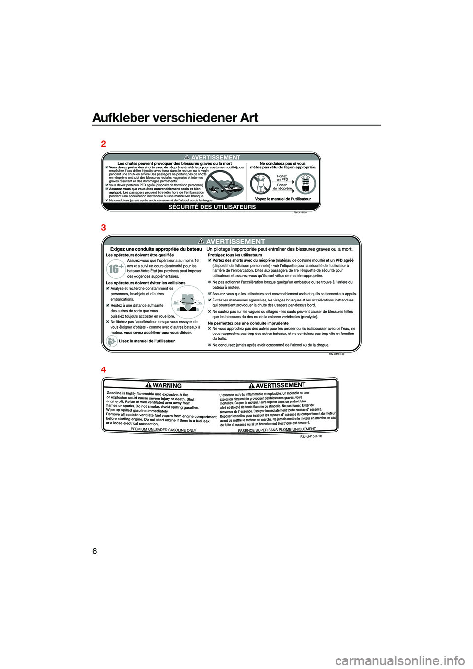 YAMAHA FX SVHO 2022  Betriebsanleitungen (in German) Aufkleber verschiedener Art
6
F3J-U415B-10
2
3
4
UF3X73G0.book  Page 6  Friday, September 24, 2021  1:58 PM 