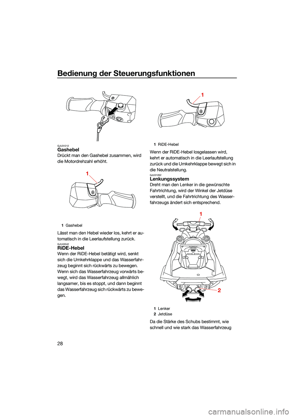 YAMAHA FX SVHO 2022  Betriebsanleitungen (in German) Bedienung der Steuerungsfunktionen
28
GJU31212Gashebel
Drückt man den Gashebel zusammen, wird 
die Motordrehzahl erhöht.
Lässt man den Hebel wieder los, kehrt er au-
tomatisch in die Leerlaufstellu