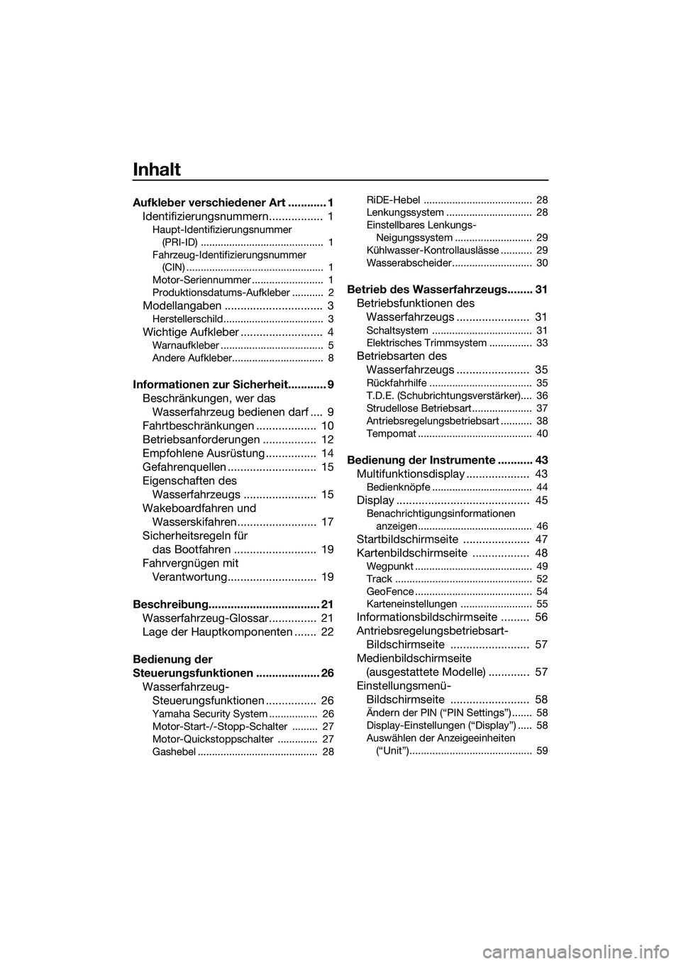 YAMAHA FX SVHO 2022  Betriebsanleitungen (in German) Inhalt
Aufkleber verschiedener Art ............ 1Identifizierungsnummern.................  1
Haupt-Identifizierungsnummer 
(PRI-ID) ...........................................  1
Fahrzeug-Identifizier