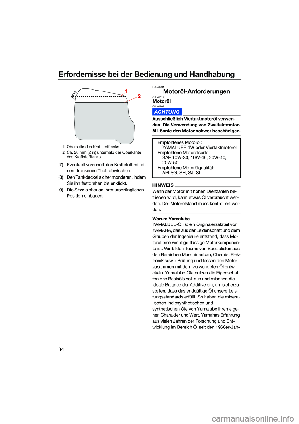 YAMAHA FX SVHO 2022  Betriebsanleitungen (in German) Erfordernisse bei der Bedienung und Handhabung
84
(7) Eventuell verschütteten Kraftstoff mit ei-
nem trockenen Tuch abwischen.
(8) Den Tankdeckel sicher montieren, indem  Sie ihn festdrehen bis er kl