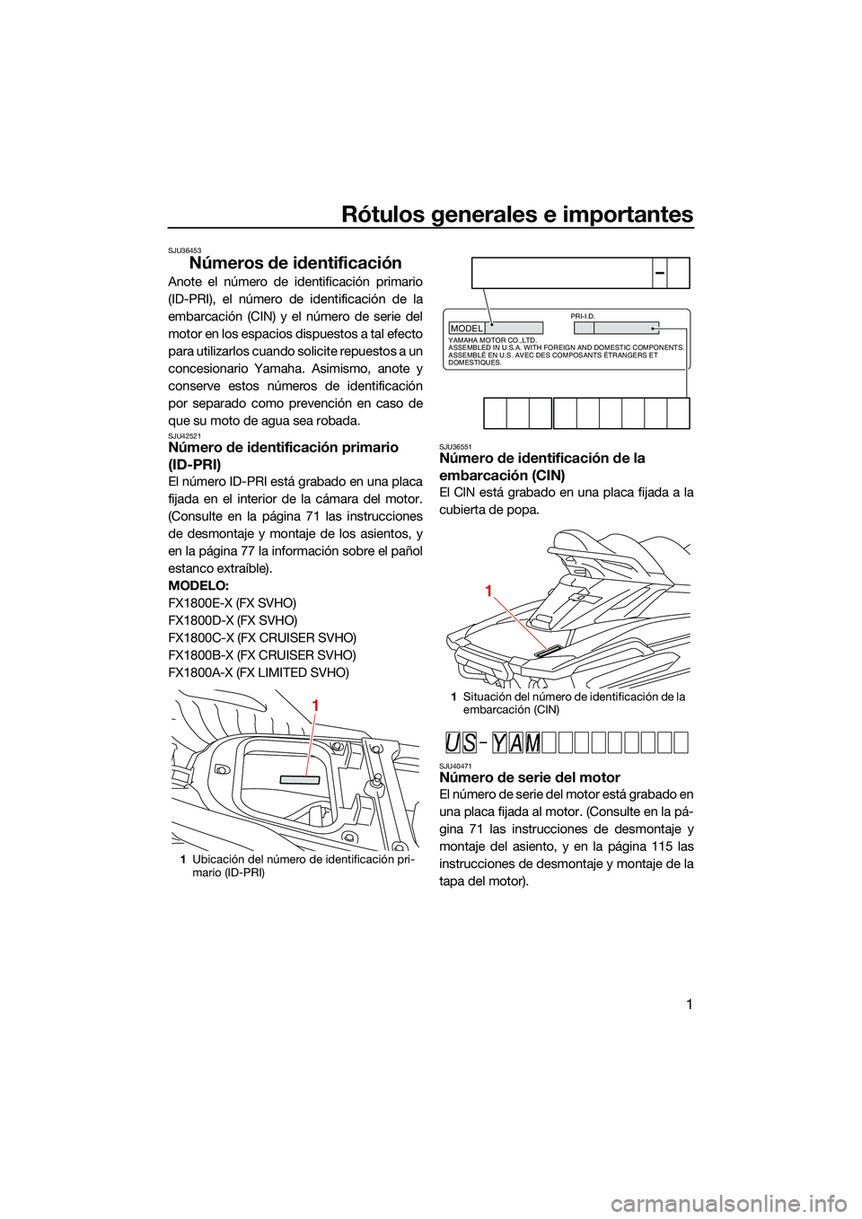YAMAHA FX SVHO 2022 Manuale de Empleo (in Spanish) Rótulos generales e importantes
1
SJU36453
Números de identificación
Anote el número de identificación primario
(ID-PRI), el número de identificación de la
embarcación (CIN) y el número de se YAMAHA FX SVHO 2022 Manuale de Empleo (in Spanish) Rótulos generales e importantes
1
SJU36453
Números de identificación
Anote el número de identificación primario
(ID-PRI), el número de identificación de la
embarcación (CIN) y el número de se