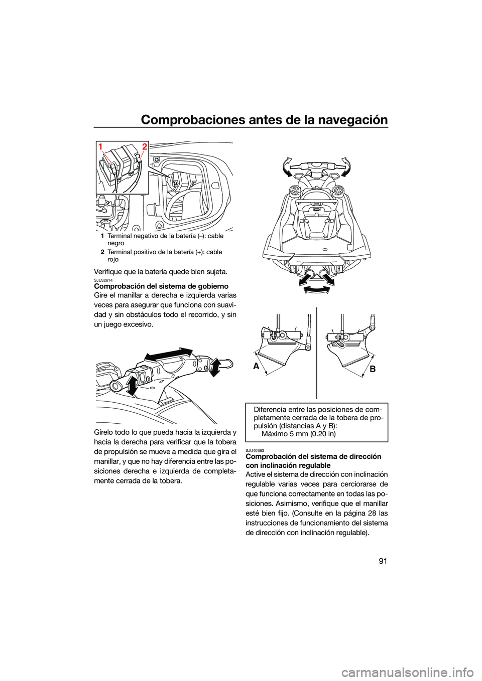 YAMAHA FX SVHO 2022  Manuale de Empleo (in Spanish) Comprobaciones antes de la navegación
91
Verifique que la batería quede bien sujeta.SJU32614Comprobación del sistema de gobierno
Gire el manillar a derecha e izquierda varias
veces para asegurar qu