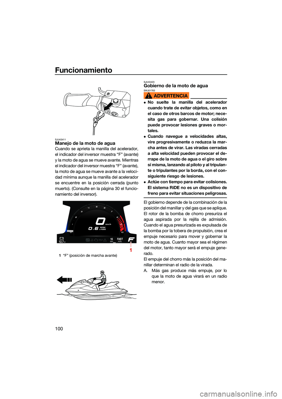 YAMAHA FX SVHO 2022  Manuale de Empleo (in Spanish) Funcionamiento
100
SJU43411Manejo de la moto de agua
Cuando se aprieta la manilla del acelerador,
el indicador del inversor muestra “F” (avante)
y la moto de agua se mueve avante. Mientras
el indi