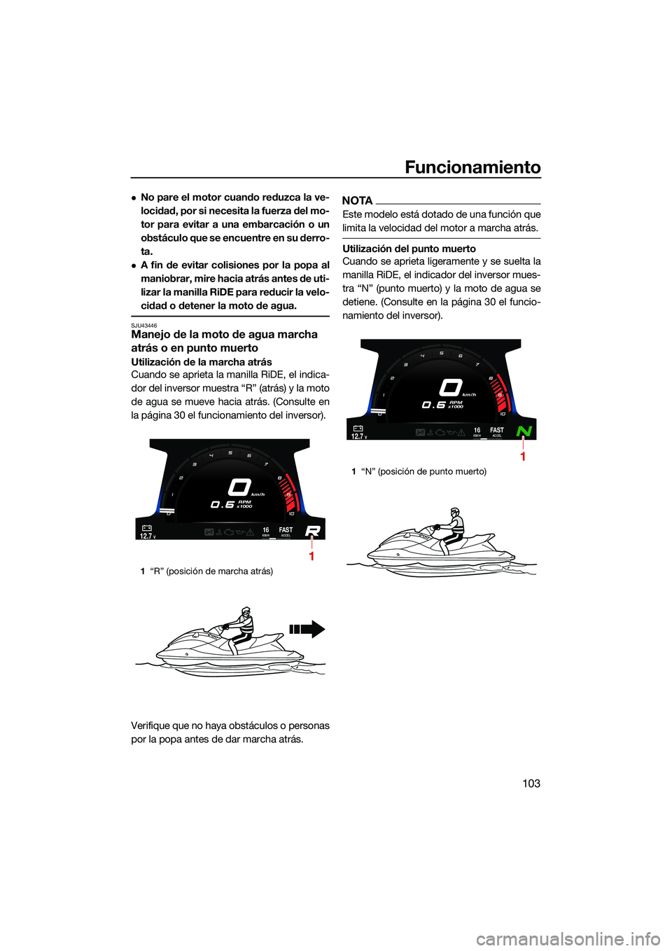 YAMAHA FX SVHO 2022  Manuale de Empleo (in Spanish) Funcionamiento
103
No pare el motor cuando reduzca la ve-
locidad, por si necesita la fuerza del mo-
tor para evitar a una embarcación o un
obstáculo que se encuentre en su derro-
ta.
A fin de