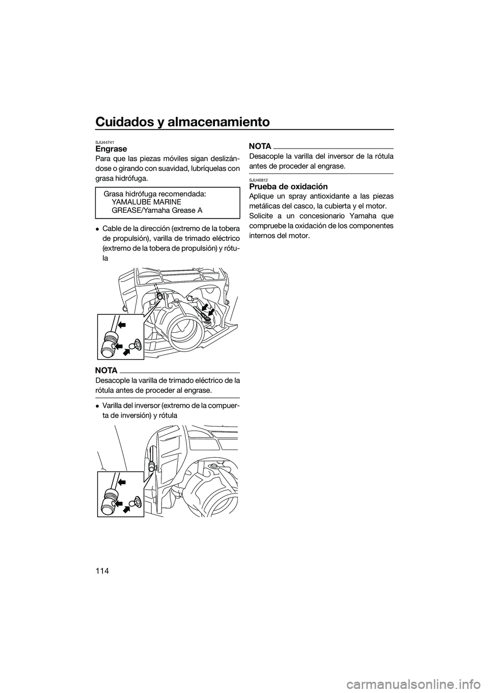 YAMAHA FX SVHO 2022  Manuale de Empleo (in Spanish) Cuidados y almacenamiento
114
SJU44741Engrase
Para que las piezas móviles sigan deslizán-
dose o girando con suavidad, lubríquelas con
grasa hidrófuga.
Cable de la dirección (extremo de la tob