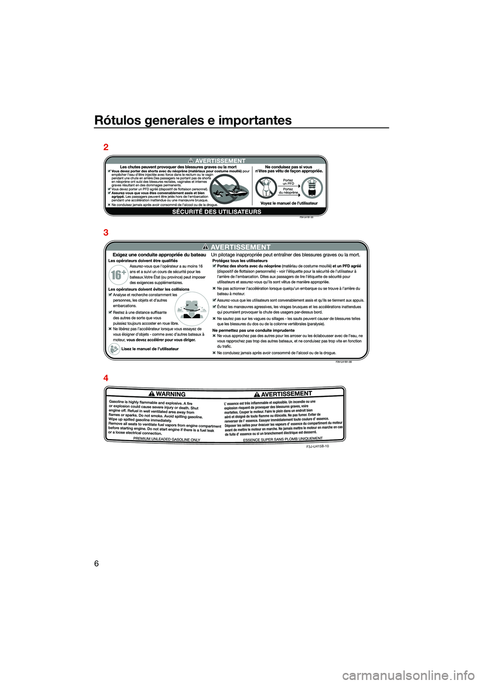 YAMAHA FX SVHO 2022 Manuale de Empleo (in Spanish) Rótulos generales e importantes
6
F3J-U415B-10
2
3
4
UF3X73S0.book Page 6 Thursday, September 23, 2021 2:56 PM YAMAHA FX SVHO 2022 Manuale de Empleo (in Spanish) Rótulos generales e importantes
6
F3J-U415B-10
2
3
4
UF3X73S0.book Page 6 Thursday, September 23, 2021 2:56 PM