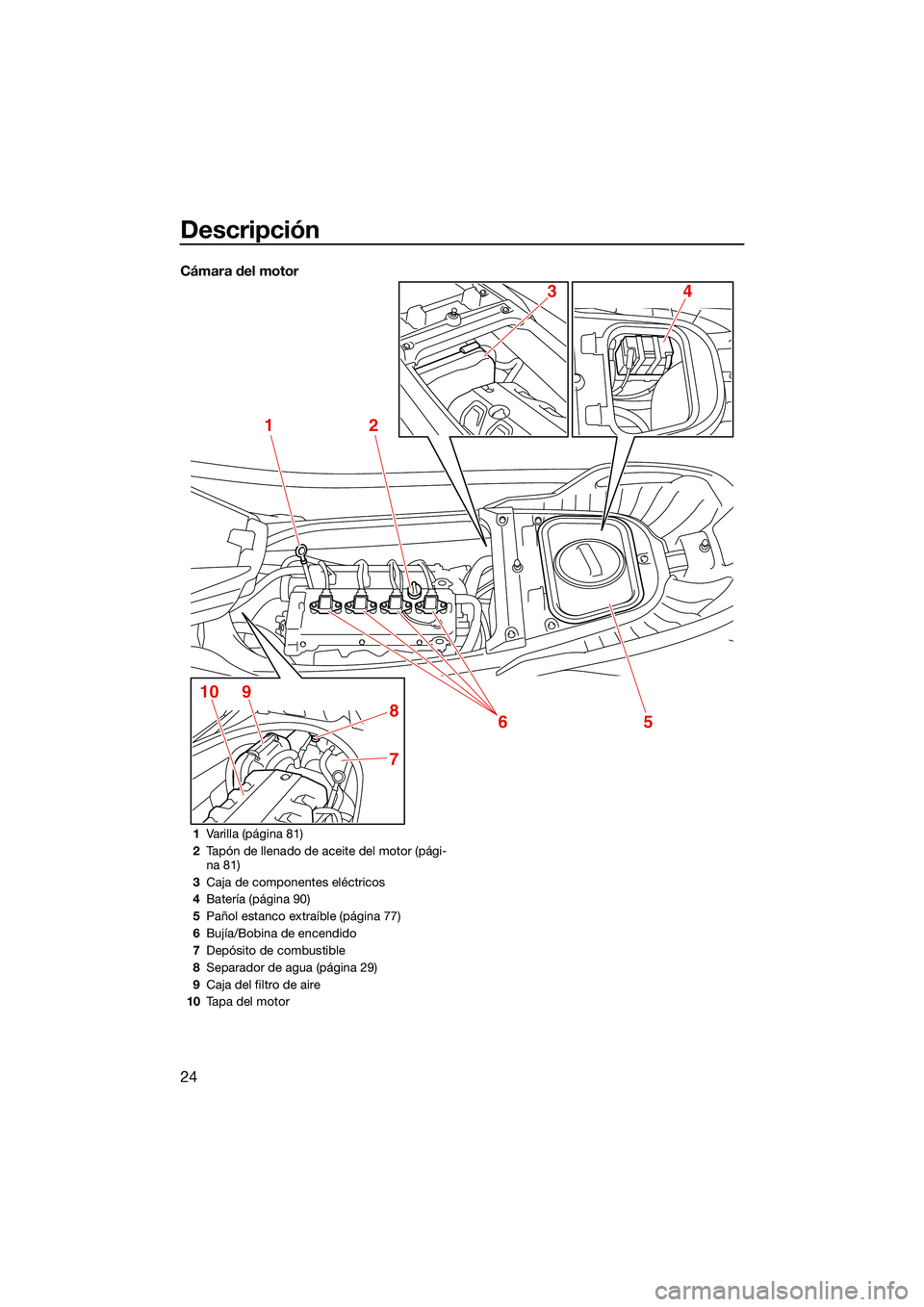 YAMAHA FX SVHO 2022 Manuale de Empleo (in Spanish) Descripción
24
Cámara del motor
12
5
7
8
9106
43
1Varilla (página 81)
2 Tapón de llenado de aceite del motor (pági-
na 81)
3 Caja de componentes eléctricos
4 Batería (página 90)
5 Pañol estan YAMAHA FX SVHO 2022 Manuale de Empleo (in Spanish) Descripción
24
Cámara del motor
12
5
7
8
9106
43
1Varilla (página 81)
2 Tapón de llenado de aceite del motor (pági-
na 81)
3 Caja de componentes eléctricos
4 Batería (página 90)
5 Pañol estan