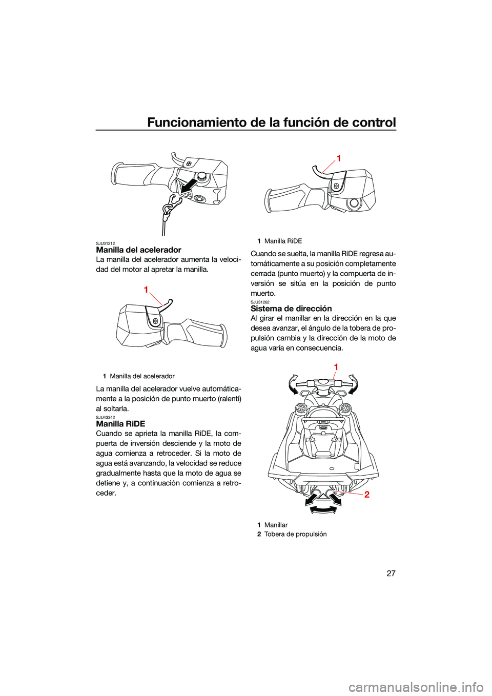 YAMAHA FX SVHO 2022 Manuale de Empleo (in Spanish) Funcionamiento de la función de control
27
SJU31212Manilla del acelerador
La manilla del acelerador aumenta la veloci-
dad del motor al apretar la manilla.
La manilla del acelerador vuelve automátic YAMAHA FX SVHO 2022 Manuale de Empleo (in Spanish) Funcionamiento de la función de control
27
SJU31212Manilla del acelerador
La manilla del acelerador aumenta la veloci-
dad del motor al apretar la manilla.
La manilla del acelerador vuelve automátic