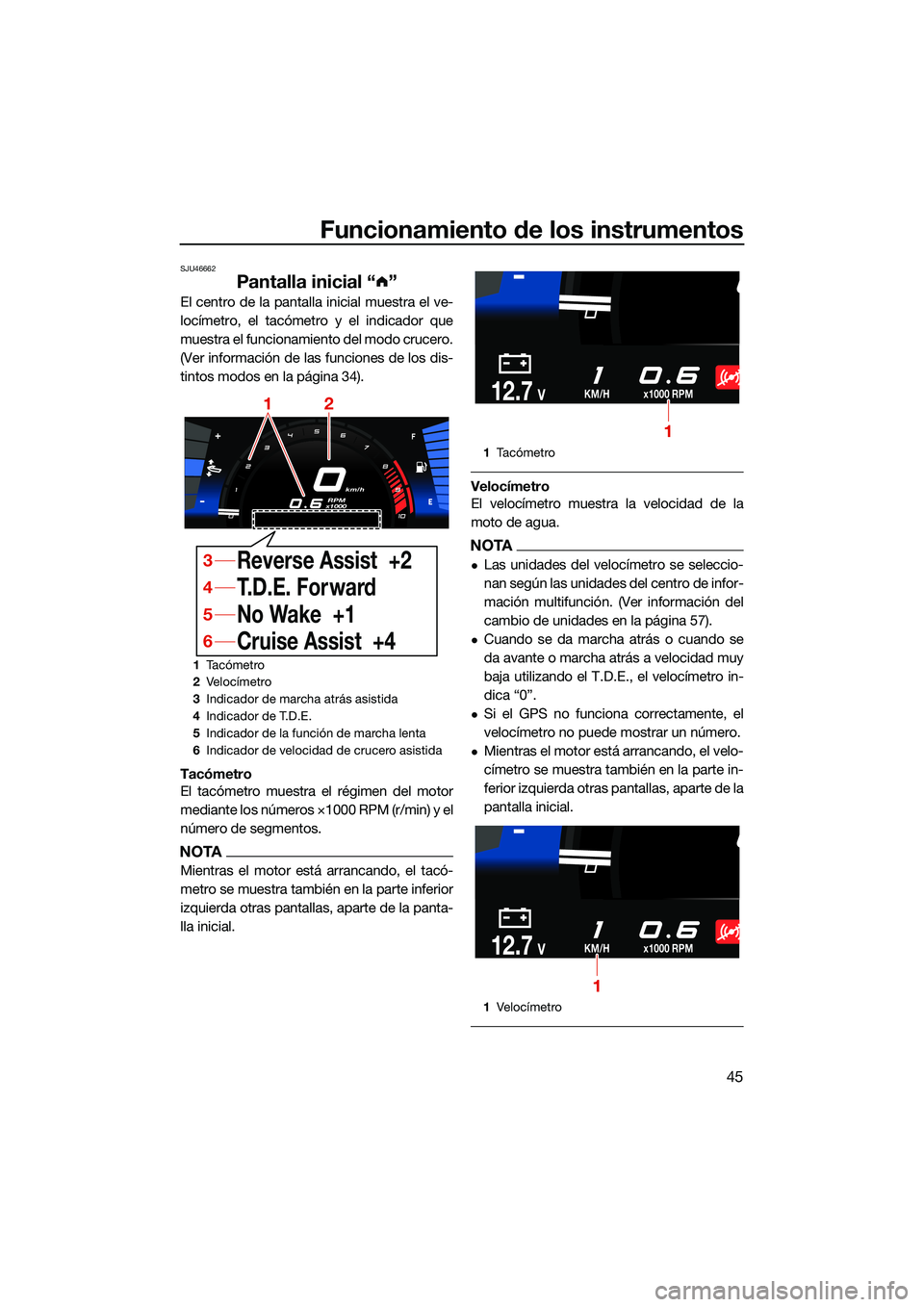YAMAHA FX SVHO 2022 Manuale de Empleo (in Spanish) Funcionamiento de los instrumentos
45
SJU46662
Pantalla inicial “ ”
El centro de la pantalla inicial muestra el ve-
locímetro, el tacómetro y el indicador que
muestra el funcionamiento del modo YAMAHA FX SVHO 2022 Manuale de Empleo (in Spanish) Funcionamiento de los instrumentos
45
SJU46662
Pantalla inicial “ ”
El centro de la pantalla inicial muestra el ve-
locímetro, el tacómetro y el indicador que
muestra el funcionamiento del modo
