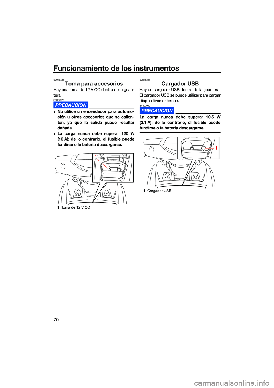 YAMAHA FX SVHO 2022 Manuale de Empleo (in Spanish) Funcionamiento de los instrumentos
70
SJU46321
Toma para accesorios
Hay una toma de 12 V CC dentro de la guan-
tera.
SCJ02920
No utilice un encendedor para automo-
ción u otros accesorios que se c YAMAHA FX SVHO 2022 Manuale de Empleo (in Spanish) Funcionamiento de los instrumentos
70
SJU46321
Toma para accesorios
Hay una toma de 12 V CC dentro de la guan-
tera.
SCJ02920
No utilice un encendedor para automo-
ción u otros accesorios que se c