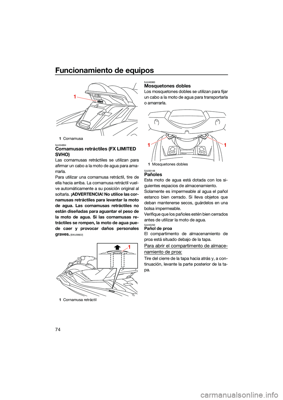 YAMAHA FX SVHO 2022  Manuale de Empleo (in Spanish) Funcionamiento de equipos
74
SJU34894Cornamusas retráctiles (FX LIMITED 
SVHO)
Las cornamusas retráctiles se utilizan para
afirmar un cabo a la moto de agua para ama-
rrarla.
Para utilizar una corna