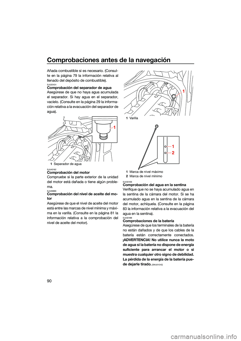 YAMAHA FX SVHO 2022  Manuale de Empleo (in Spanish) Comprobaciones antes de la navegación
90
Añada combustible si es necesario. (Consul-
te en la página 79 la información relativa al
llenado del depósito de combustible).
SJU32424Comprobación del 