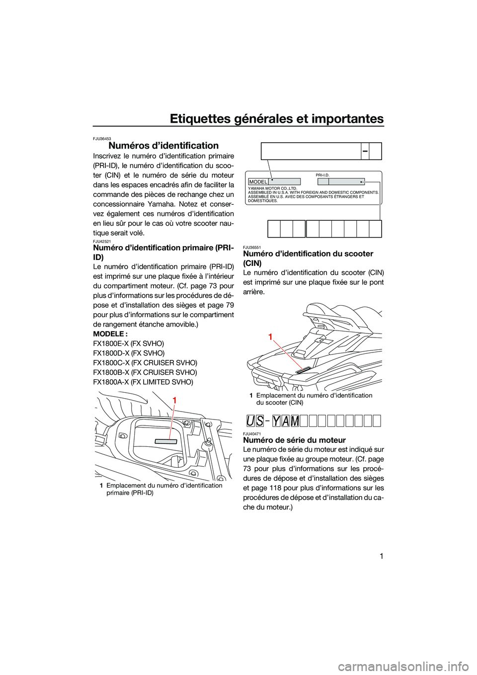 YAMAHA FX SVHO 2022  Notices Demploi (in French) Etiquettes générales et importantes
1
FJU36453
Numéros d’identification
Inscrivez le numéro d’identification primaire
(PRI-ID), le numéro d’identification du scoo-
ter (CIN) et le numéro d