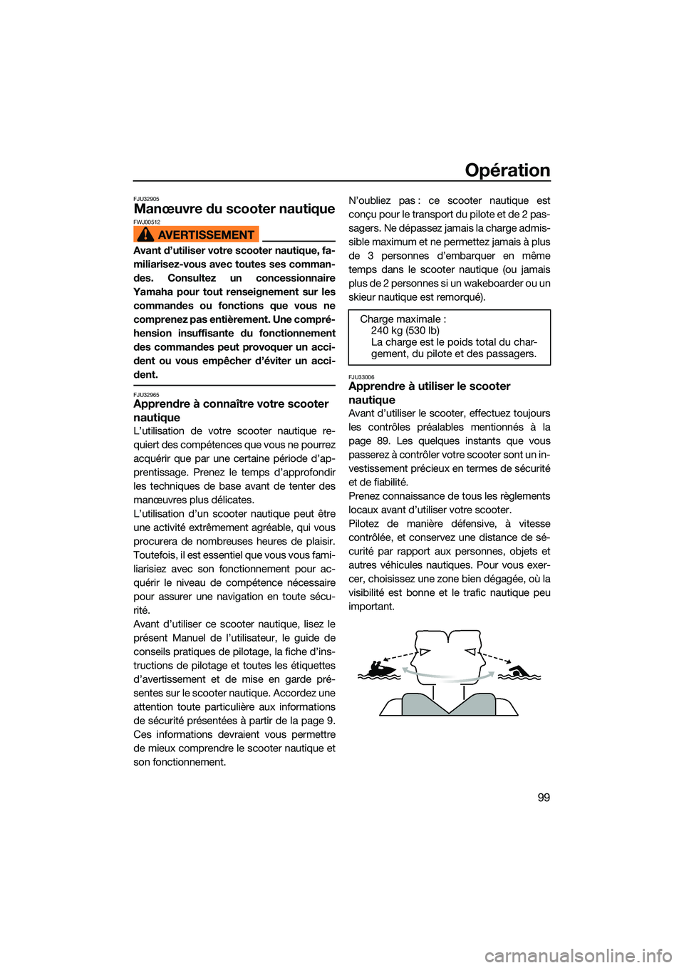 YAMAHA FX SVHO 2022 Notices Demploi (in French) Opération
99
FJU32905
Manœuvre du scooter nautiqueFWJ00512
Avant d’utiliser votre scooter nautique, fa-
miliarisez-vous avec toutes ses comman-
des. Consultez un concessionnaire
Yamaha pour tout r YAMAHA FX SVHO 2022 Notices Demploi (in French) Opération
99
FJU32905
Manœuvre du scooter nautiqueFWJ00512
Avant d’utiliser votre scooter nautique, fa-
miliarisez-vous avec toutes ses comman-
des. Consultez un concessionnaire
Yamaha pour tout r