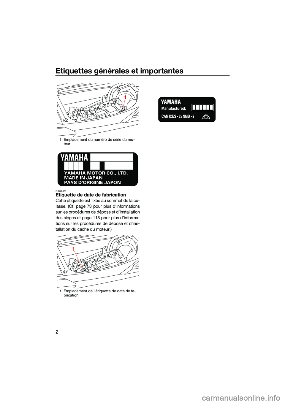YAMAHA FX SVHO 2022  Notices Demploi (in French) Etiquettes générales et importantes
2
FJU42031Etiquette de date de fabrication
Cette étiquette est fixée au sommet de la cu-
lasse. (Cf. page 73 pour plus d’informations
sur les procédures de d