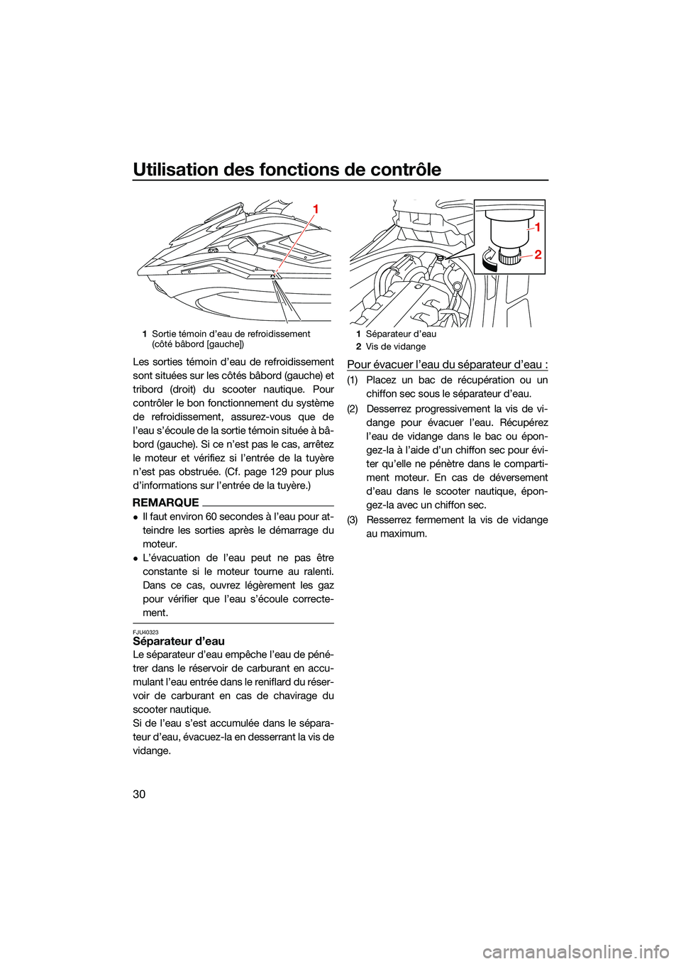 YAMAHA FX SVHO 2022  Notices Demploi (in French) Utilisation des fonctions de contrôle
30
Les sorties témoin d’eau de refroidissement
sont situées sur les côtés bâbord (gauche) et
tribord (droit) du scooter nautique. Pour
contrôler le bon f