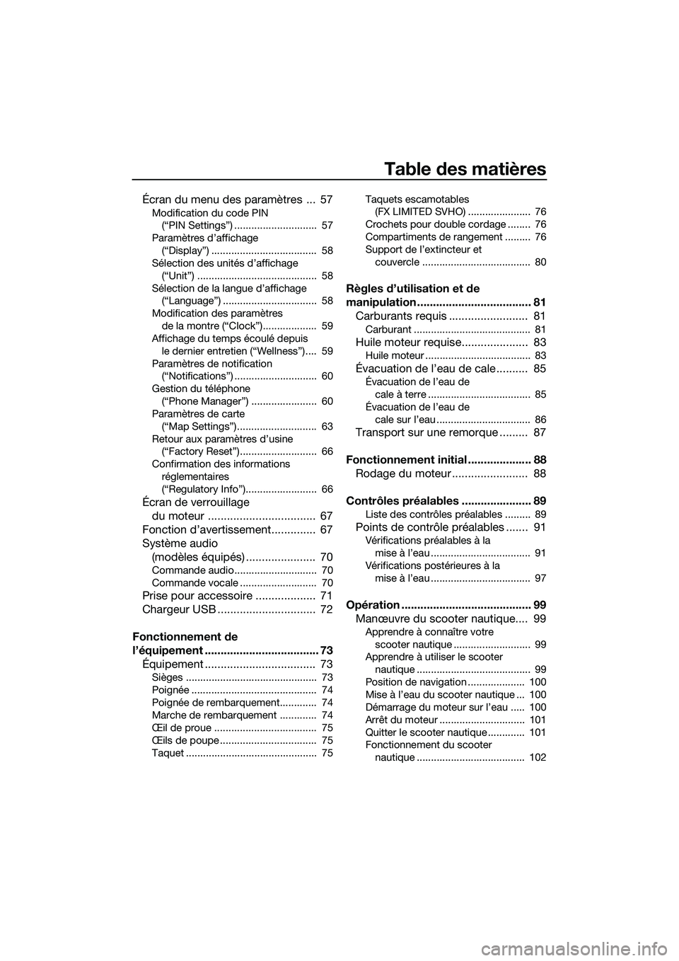 YAMAHA FX SVHO 2022 Notices Demploi (in French) Table des matières
Écran du menu des paramètres ... 57
Modification du code PIN (“PIN Settings”) ............................. 57
Paramètres d’affichage (“Display”) .................. YAMAHA FX SVHO 2022 Notices Demploi (in French) Table des matières
Écran du menu des paramètres ... 57
Modification du code PIN (“PIN Settings”) ............................. 57
Paramètres d’affichage (“Display”) ..................