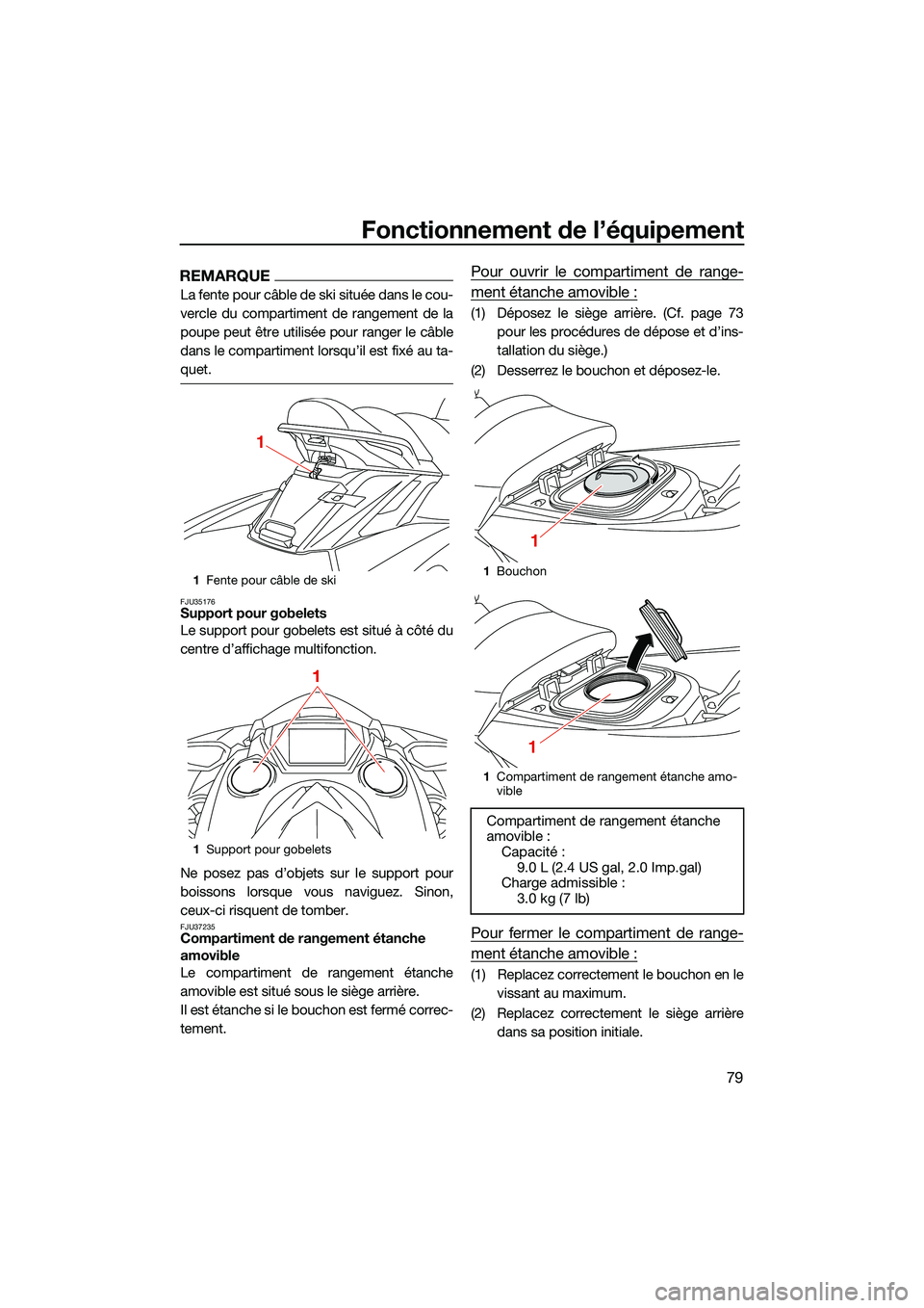 YAMAHA FX SVHO 2022  Notices Demploi (in French) Fonctionnement de l’équipement
79
REMARQUE
La fente pour câble de ski située dans le cou-
vercle du compartiment de rangement de la
poupe peut être utilisée pour ranger le câble
dans le compar