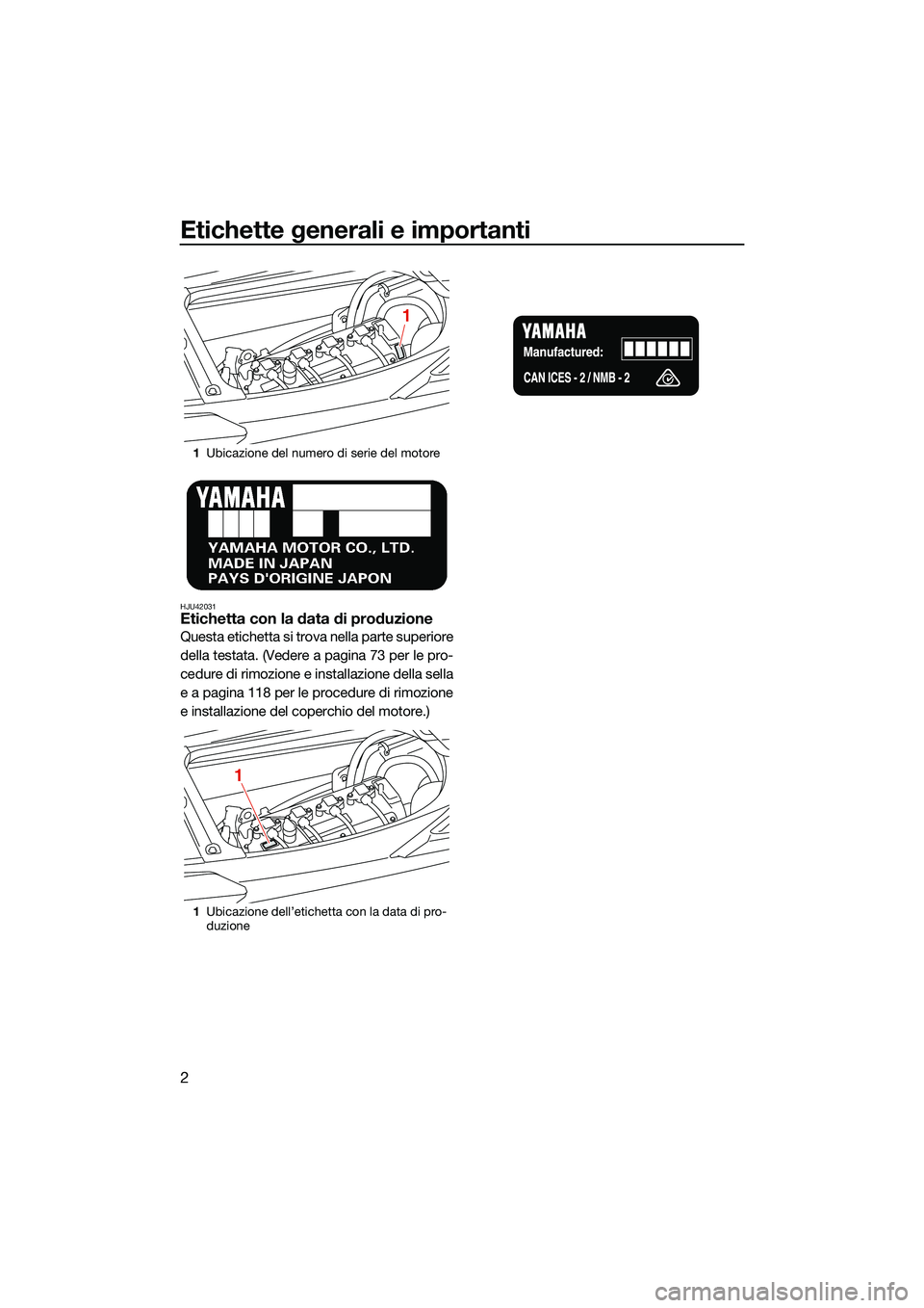YAMAHA FX SVHO 2022 Manuale duso (in Italian) Etichette generali e importanti
2
HJU42031Etichetta con la data di produzione
Questa etichetta si trova nella parte superiore
della testata. (Vedere a pagina 73 per le pro-
cedure di rimozione e insta YAMAHA FX SVHO 2022 Manuale duso (in Italian) Etichette generali e importanti
2
HJU42031Etichetta con la data di produzione
Questa etichetta si trova nella parte superiore
della testata. (Vedere a pagina 73 per le pro-
cedure di rimozione e insta