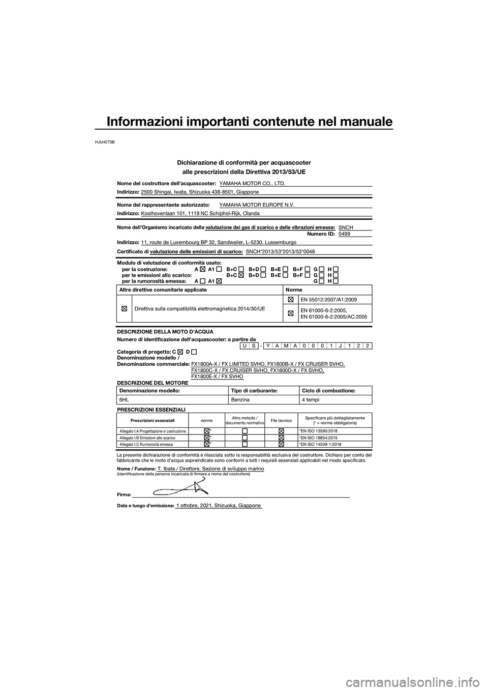 YAMAHA FX SVHO 2022 Manuale duso (in Italian) Informazioni importanti contenute nel manuale
HJU4273B
Dichiarazione di conformità per acquascooteralle prescrizioni della Direttiva 2013/53/UE
Nome del costruttore dell’acquascooter: YAMAHA MOTOR YAMAHA FX SVHO 2022 Manuale duso (in Italian) Informazioni importanti contenute nel manuale
HJU4273B
Dichiarazione di conformità per acquascooteralle prescrizioni della Direttiva 2013/53/UE
Nome del costruttore dell’acquascooter: YAMAHA MOTOR