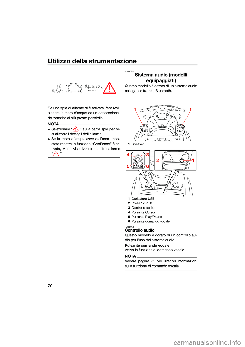 YAMAHA FX SVHO 2022 Manuale duso (in Italian) Utilizzo della strumentazione
70
Se una spia di allarme si è attivata, fare revi-
sionare la moto d’acqua da un concessiona-
rio Yamaha al più presto possibile.
NOTA
Selezionare “ ” sulla b YAMAHA FX SVHO 2022 Manuale duso (in Italian) Utilizzo della strumentazione
70
Se una spia di allarme si è attivata, fare revi-
sionare la moto d’acqua da un concessiona-
rio Yamaha al più presto possibile.
NOTA
Selezionare “ ” sulla b