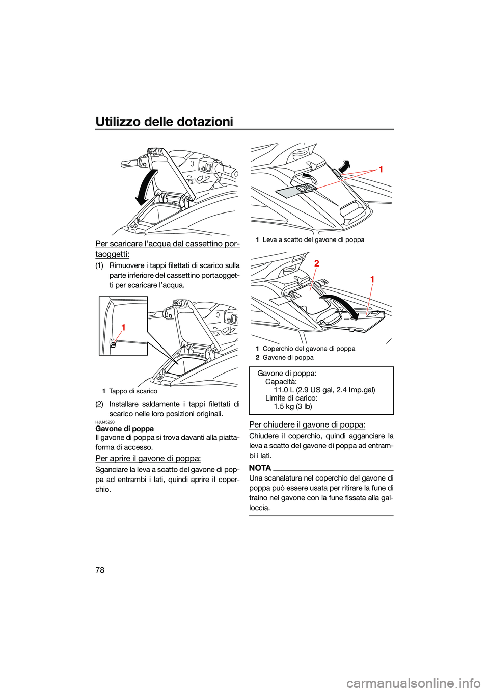 YAMAHA FX SVHO 2022 Manuale duso (in Italian) Utilizzo delle dotazioni
78
Per scaricare l’acqua dal cassettino por-
taoggetti:
(1) Rimuovere i tappi filettati di scarico sullaparte inferiore del cassettino portaogget-
ti per scaricare l’acqua YAMAHA FX SVHO 2022 Manuale duso (in Italian) Utilizzo delle dotazioni
78
Per scaricare l’acqua dal cassettino por-
taoggetti:
(1) Rimuovere i tappi filettati di scarico sullaparte inferiore del cassettino portaogget-
ti per scaricare l’acqua