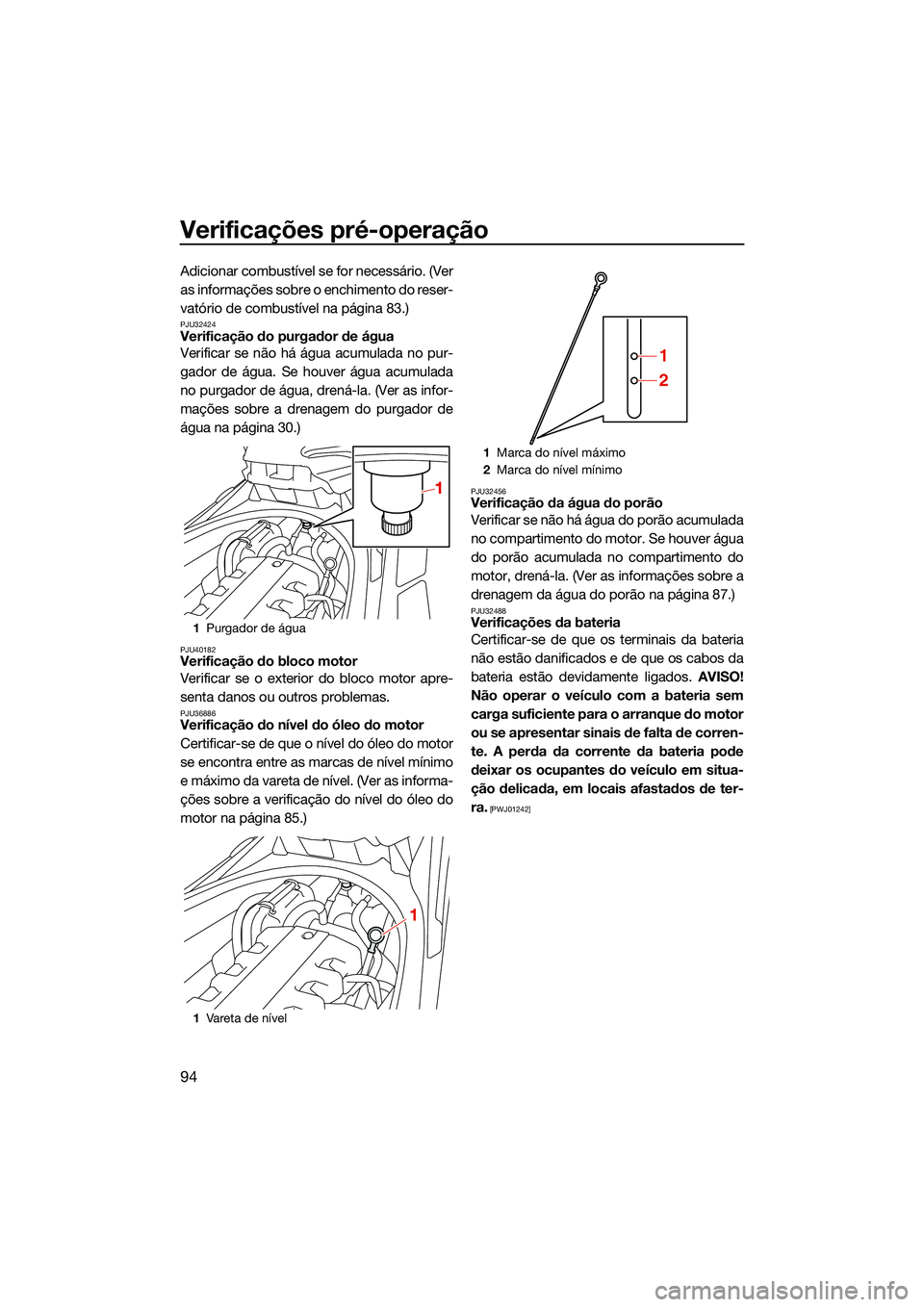 YAMAHA FX SVHO 2022  Manual de utilização (in Portuguese) Verificações pré-operação
94
Adicionar combustível se for necessário. (Ver
as informações sobre o enchimento do reser-
vatório de combustível na página 83.)
PJU32424Verificação do purgad
