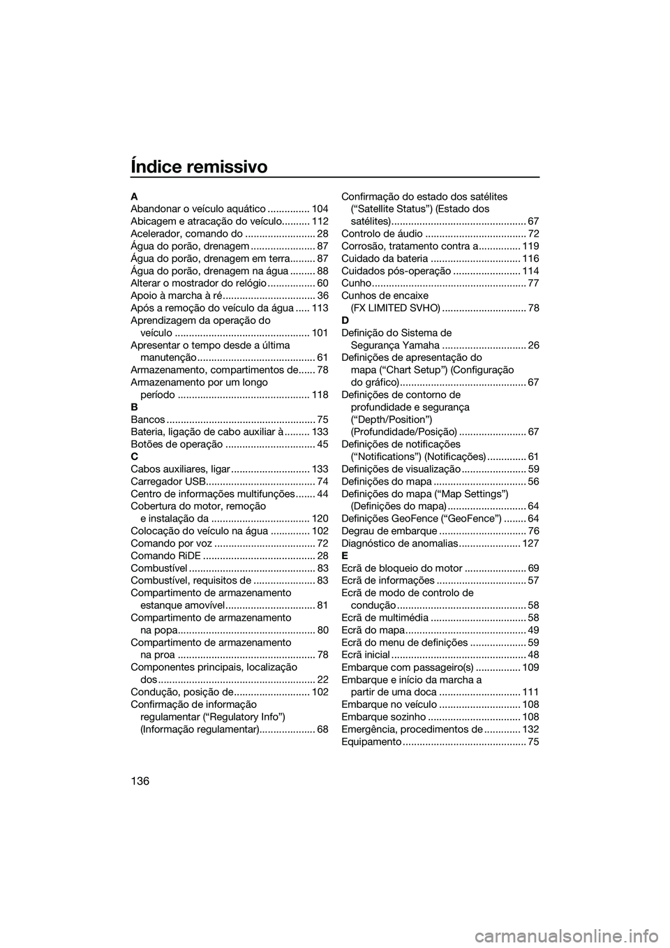 YAMAHA FX SVHO 2022 Manual de utilização (in Portuguese) 136
Índice remissivo
A
Abandonar o veículo aquático ............... 104
Abicagem e atracação do veículo.......... 112
Acelerador, comando do ......................... 28
Água do porão, drenage YAMAHA FX SVHO 2022 Manual de utilização (in Portuguese) 136
Índice remissivo
A
Abandonar o veículo aquático ............... 104
Abicagem e atracação do veículo.......... 112
Acelerador, comando do ......................... 28
Água do porão, drenage