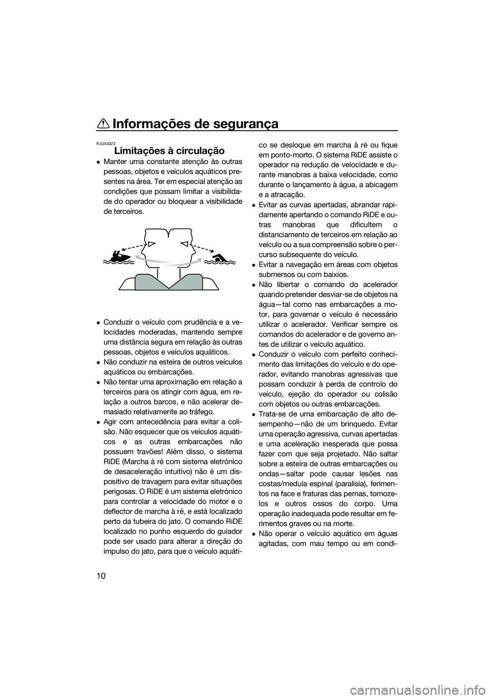 YAMAHA FX SVHO 2022 Manual de utilização (in Portuguese) Informações de segurança
10
PJU43323
Limitações à circulação
Manter uma constante atenção às outras
pessoas, objetos e veículos aquáticos pre-
sentes na área. Ter em especial atençã YAMAHA FX SVHO 2022 Manual de utilização (in Portuguese) Informações de segurança
10
PJU43323
Limitações à circulação
Manter uma constante atenção às outras
pessoas, objetos e veículos aquáticos pre-
sentes na área. Ter em especial atençã