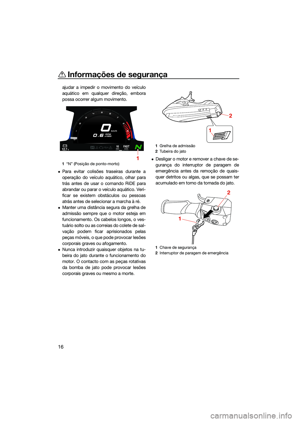 YAMAHA FX SVHO 2022 Manual de utilização (in Portuguese) Informações de segurança
16
ajudar a impedir o movimento do veículo
aquático em qualquer direção, embora
possa ocorrer algum movimento.
Para evitar colisões traseiras durante a
operação d YAMAHA FX SVHO 2022 Manual de utilização (in Portuguese) Informações de segurança
16
ajudar a impedir o movimento do veículo
aquático em qualquer direção, embora
possa ocorrer algum movimento.
Para evitar colisões traseiras durante a
operação d