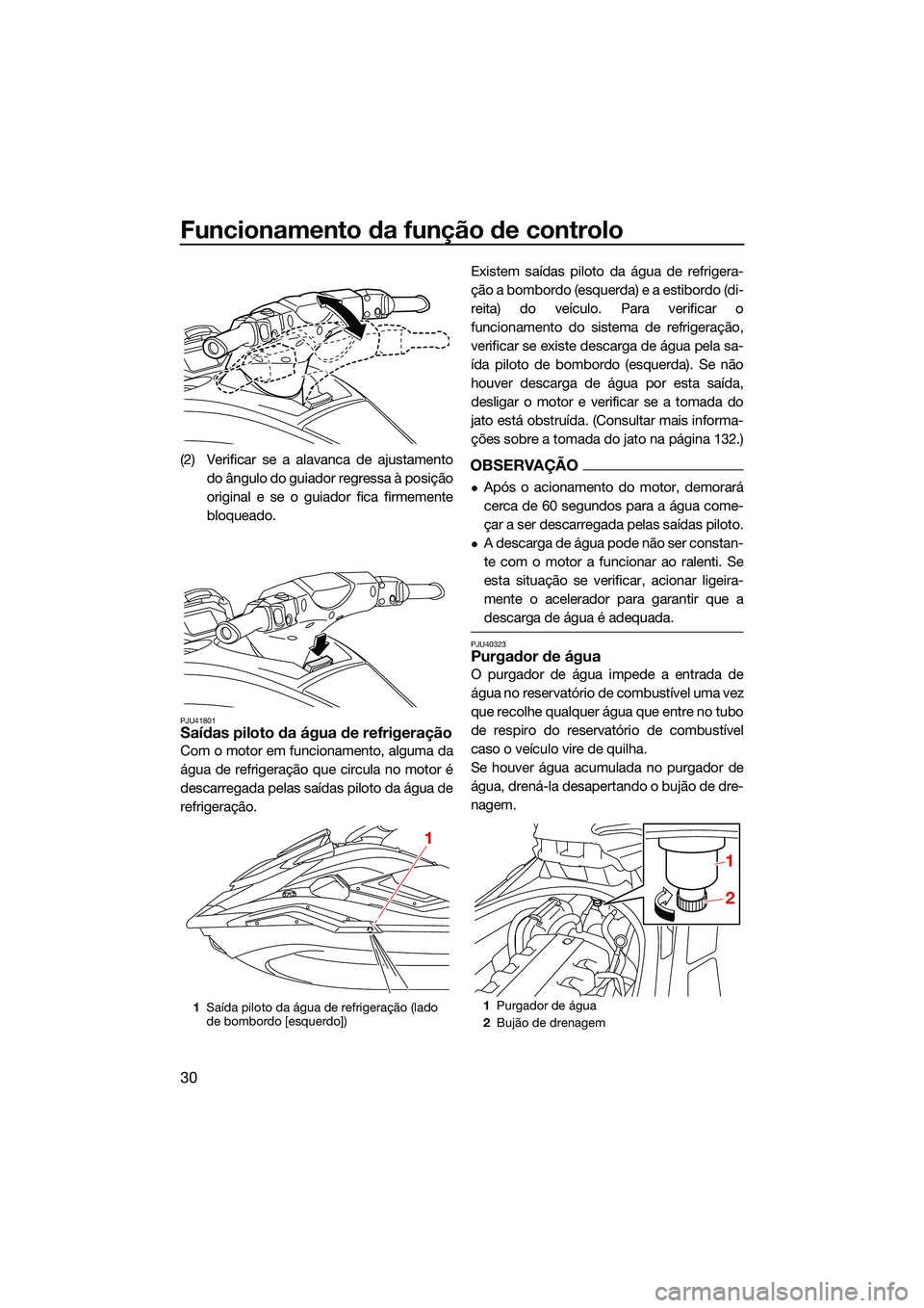 YAMAHA FX SVHO 2022 Manual de utilização (in Portuguese) Funcionamento da função de controlo
30
(2) Verificar se a alavanca de ajustamentodo ângulo do guiador regressa à posição
original e se o guiador fica firmemente
bloqueado.
PJU41801Saídas piloto YAMAHA FX SVHO 2022 Manual de utilização (in Portuguese) Funcionamento da função de controlo
30
(2) Verificar se a alavanca de ajustamentodo ângulo do guiador regressa à posição
original e se o guiador fica firmemente
bloqueado.
PJU41801Saídas piloto