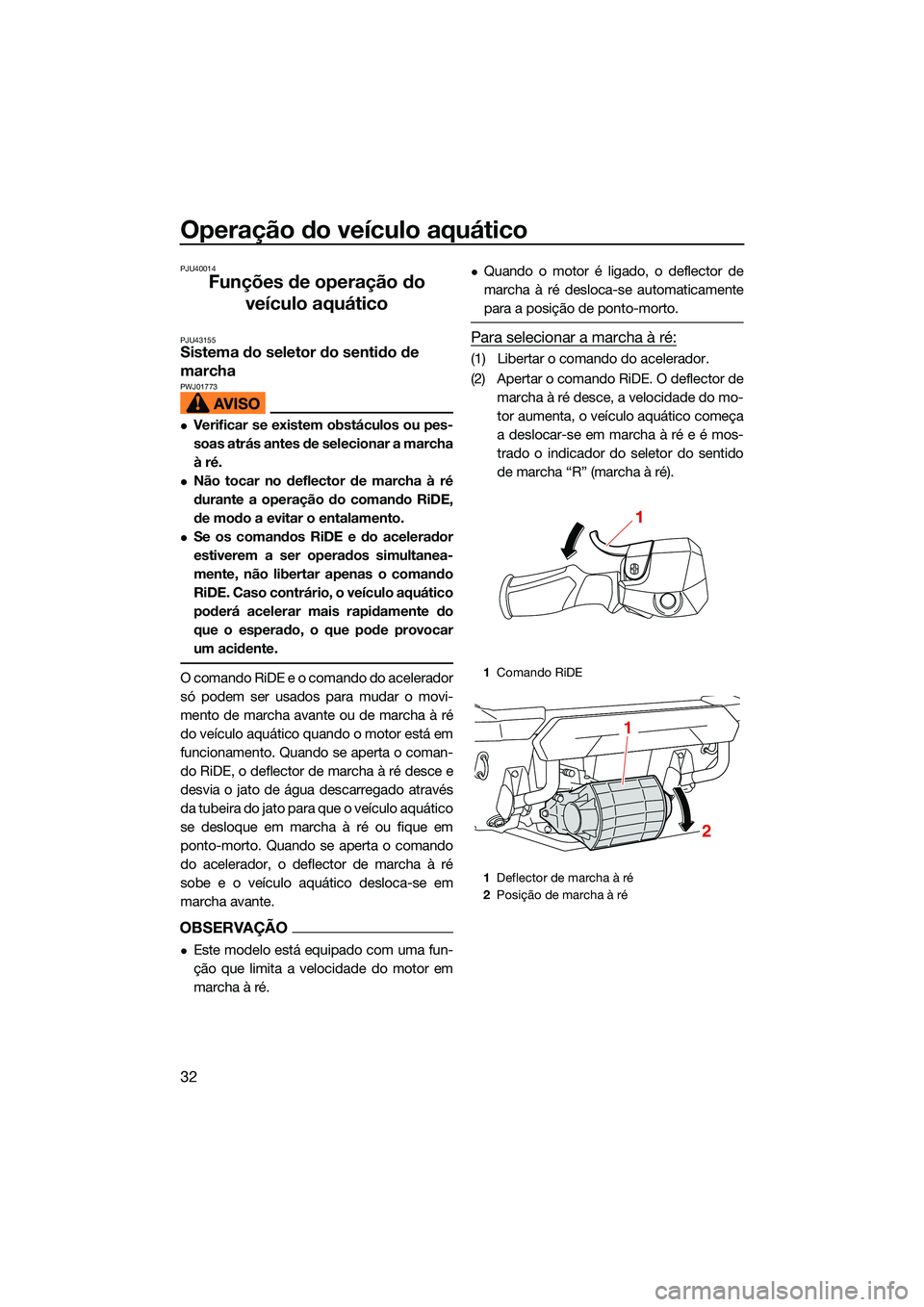 YAMAHA FX SVHO 2022 Manual de utilização (in Portuguese) Operação do veículo aquático
32
PJU40014
Funções de operação do veículo aquático
PJU43155Sistema do seletor do sentido de
marcha
PWJ01773
Verificar se existem obstáculos ou pes-
soas a YAMAHA FX SVHO 2022 Manual de utilização (in Portuguese) Operação do veículo aquático
32
PJU40014
Funções de operação do veículo aquático
PJU43155Sistema do seletor do sentido de
marcha
PWJ01773
Verificar se existem obstáculos ou pes-
soas a