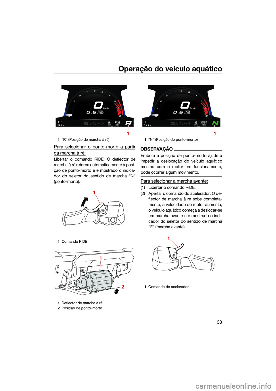 YAMAHA FX SVHO 2022 Manual de utilização (in Portuguese) Operação do veículo aquático
33
Para selecionar o ponto-morto a partir
da marcha à ré:
Libertar o comando RiDE. O deflector de
marcha à ré retorna automaticamente à posi-
ção de ponto-morto YAMAHA FX SVHO 2022 Manual de utilização (in Portuguese) Operação do veículo aquático
33
Para selecionar o ponto-morto a partir
da marcha à ré:
Libertar o comando RiDE. O deflector de
marcha à ré retorna automaticamente à posi-
ção de ponto-morto