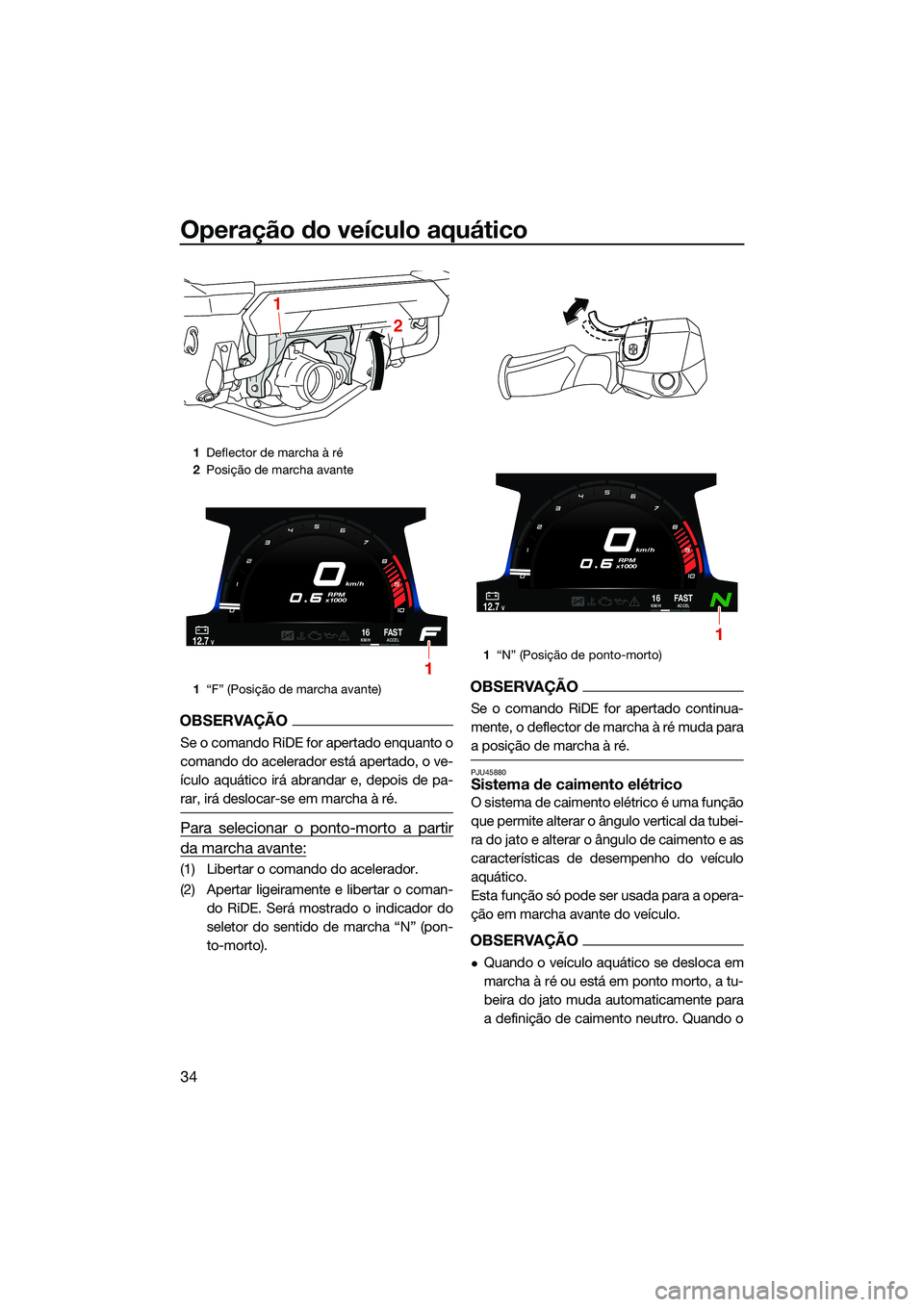 YAMAHA FX SVHO 2022 Manual de utilização (in Portuguese) Operação do veículo aquático
34
OBSERVAÇÃO
Se o comando RiDE for apertado enquanto o
comando do acelerador está apertado, o ve-
ículo aquático irá abrandar e, depois de pa-
rar, irá desloca YAMAHA FX SVHO 2022 Manual de utilização (in Portuguese) Operação do veículo aquático
34
OBSERVAÇÃO
Se o comando RiDE for apertado enquanto o
comando do acelerador está apertado, o ve-
ículo aquático irá abrandar e, depois de pa-
rar, irá desloca