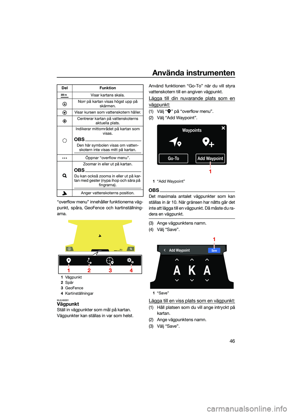 YAMAHA FX SVHO 2022 Bruksanvisningar (in Swedish) Använda instrumenten
46
“overflow menu” innehåller funktionerna väg-
punkt, spåra, GeoFence och kartinställning-
arna.
MJU46681Vägpunkt
Ställ in vägpunkter som mål på kartan.
Vägpunkter YAMAHA FX SVHO 2022 Bruksanvisningar (in Swedish) Använda instrumenten
46
“overflow menu” innehåller funktionerna väg-
punkt, spåra, GeoFence och kartinställning-
arna.
MJU46681Vägpunkt
Ställ in vägpunkter som mål på kartan.
Vägpunkter