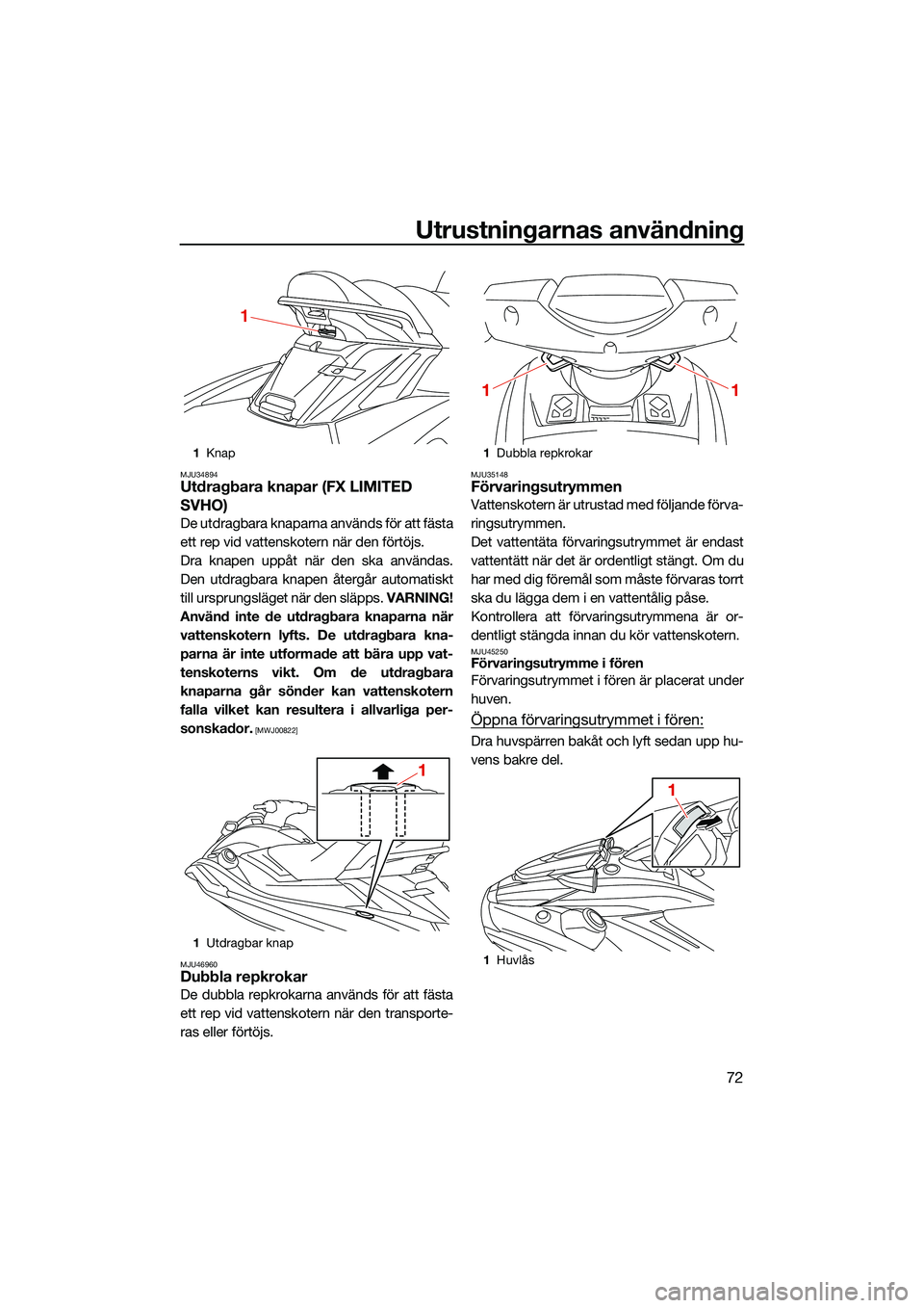 YAMAHA FX SVHO 2022  Bruksanvisningar (in Swedish) Utrustningarnas användning
72
MJU34894Utdragbara knapar (FX LIMITED 
SVHO)
De utdragbara knaparna används för att fästa
ett rep vid vattenskotern när den förtöjs.
Dra knapen uppåt när den ska