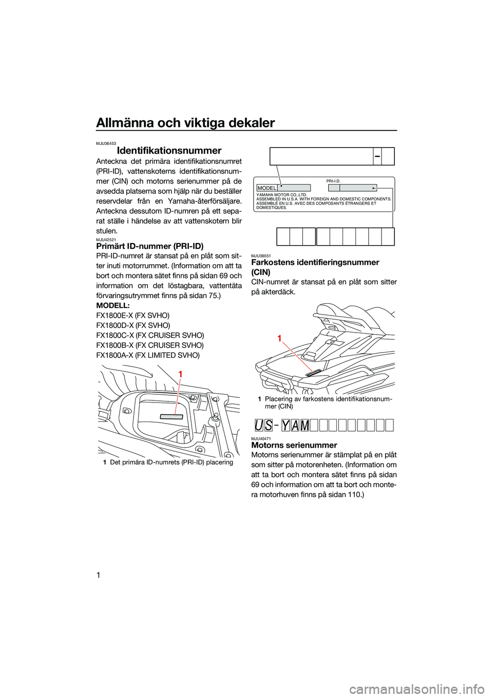 YAMAHA FX SVHO 2022 Bruksanvisningar (in Swedish) Allmänna och viktiga dekaler
1
MJU36453
Identifikationsnummer
Anteckna det primära identifikationsnumret
(PRI-ID), vattenskoterns identifikationsnum-
mer (CIN) och motorns serienummer på de
avsedda YAMAHA FX SVHO 2022 Bruksanvisningar (in Swedish) Allmänna och viktiga dekaler
1
MJU36453
Identifikationsnummer
Anteckna det primära identifikationsnumret
(PRI-ID), vattenskoterns identifikationsnum-
mer (CIN) och motorns serienummer på de
avsedda