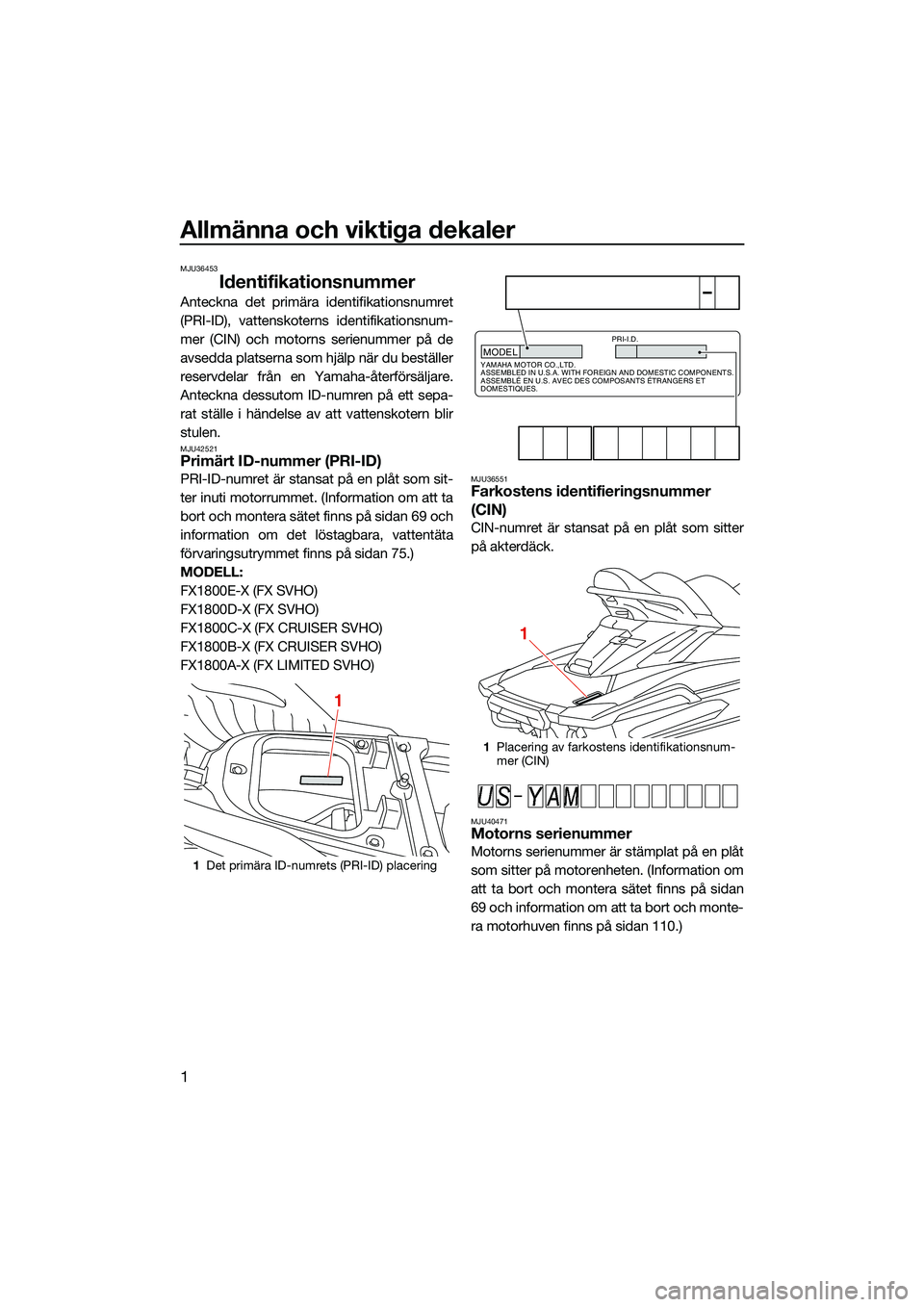 YAMAHA FX SVHO 2022  Bruksanvisningar (in Swedish) Allmänna och viktiga dekaler
1
MJU36453
Identifikationsnummer
Anteckna det primära identifikationsnumret
(PRI-ID), vattenskoterns identifikationsnum-
mer (CIN) och motorns serienummer på de
avsedda