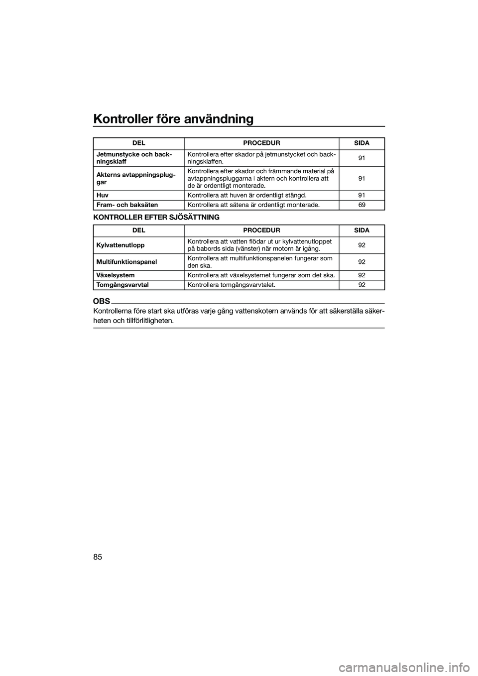 YAMAHA FX SVHO 2022 Bruksanvisningar (in Swedish) Kontroller före användning
85
KONTROLLER EFTER SJÖSÄTTNING
OBS
Kontrollerna före start ska utföras varje gång vattenskotern används för att säkerställa säker-
heten och tillförlitligheten YAMAHA FX SVHO 2022 Bruksanvisningar (in Swedish) Kontroller före användning
85
KONTROLLER EFTER SJÖSÄTTNING
OBS
Kontrollerna före start ska utföras varje gång vattenskotern används för att säkerställa säker-
heten och tillförlitligheten