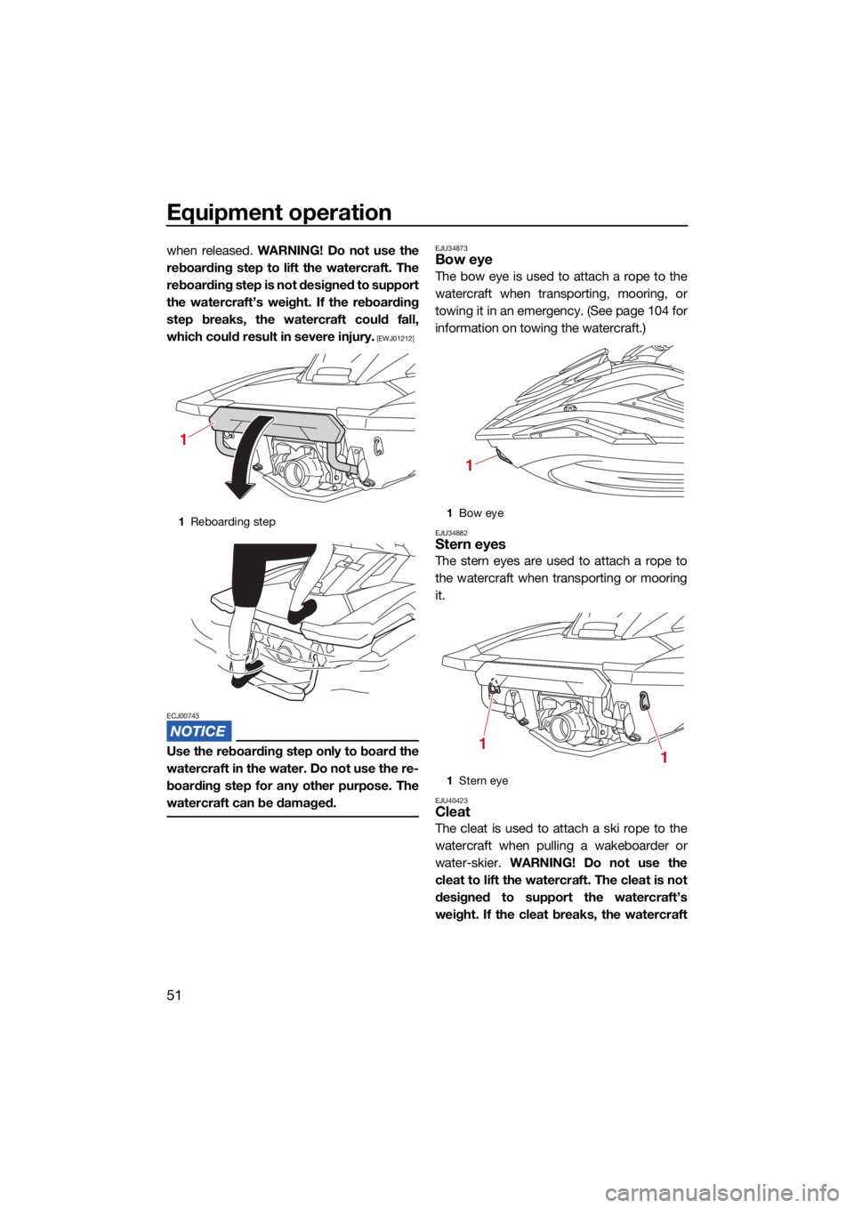 YAMAHA FX SVHO 2021 Workshop Manual Equipment operation
51
when released. WARNING! Do not use the
reboarding step to lift the watercraft. The
reboarding step is not designed to support
the watercraft’s weight. If the reboarding
step b YAMAHA FX SVHO 2021 Workshop Manual Equipment operation
51
when released. WARNING! Do not use the
reboarding step to lift the watercraft. The
reboarding step is not designed to support
the watercraft’s weight. If the reboarding
step b