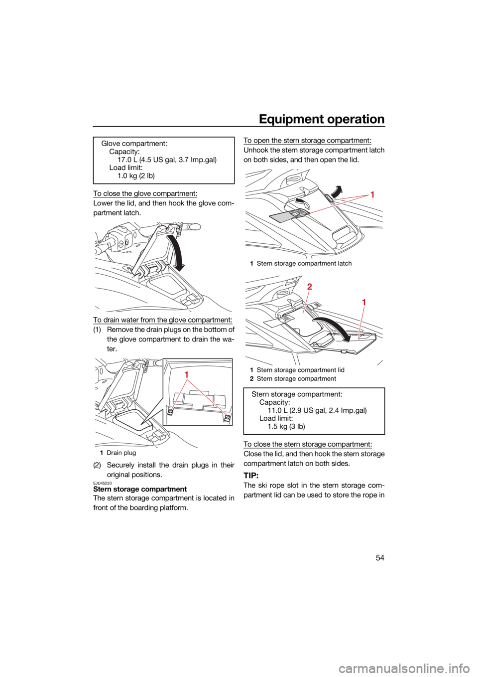 YAMAHA FX SVHO 2021  Owners Manual Equipment operation
54
To close the glove compartment:
Lower the lid, and then hook the glove com-
partment latch.
To drain water from the glove compartment:
(1) Remove the drain plugs on the bottom o